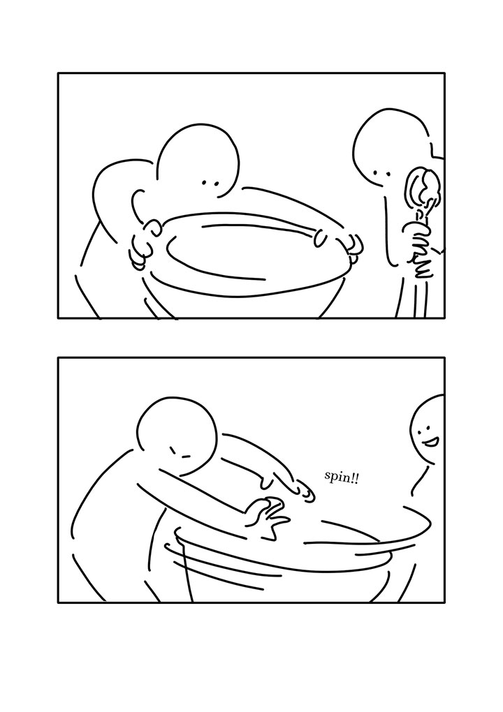 Panel 10: The kid on the left leans over the bowl and plate, gripping the edges in their hands. The kid on the right holds the spoon, looking down at the bowl and plate. Panel 11: The kid on the left extends their arms and spins the plate, with text that says "spin!!" The kid on the right leans back, smiling, to make space.