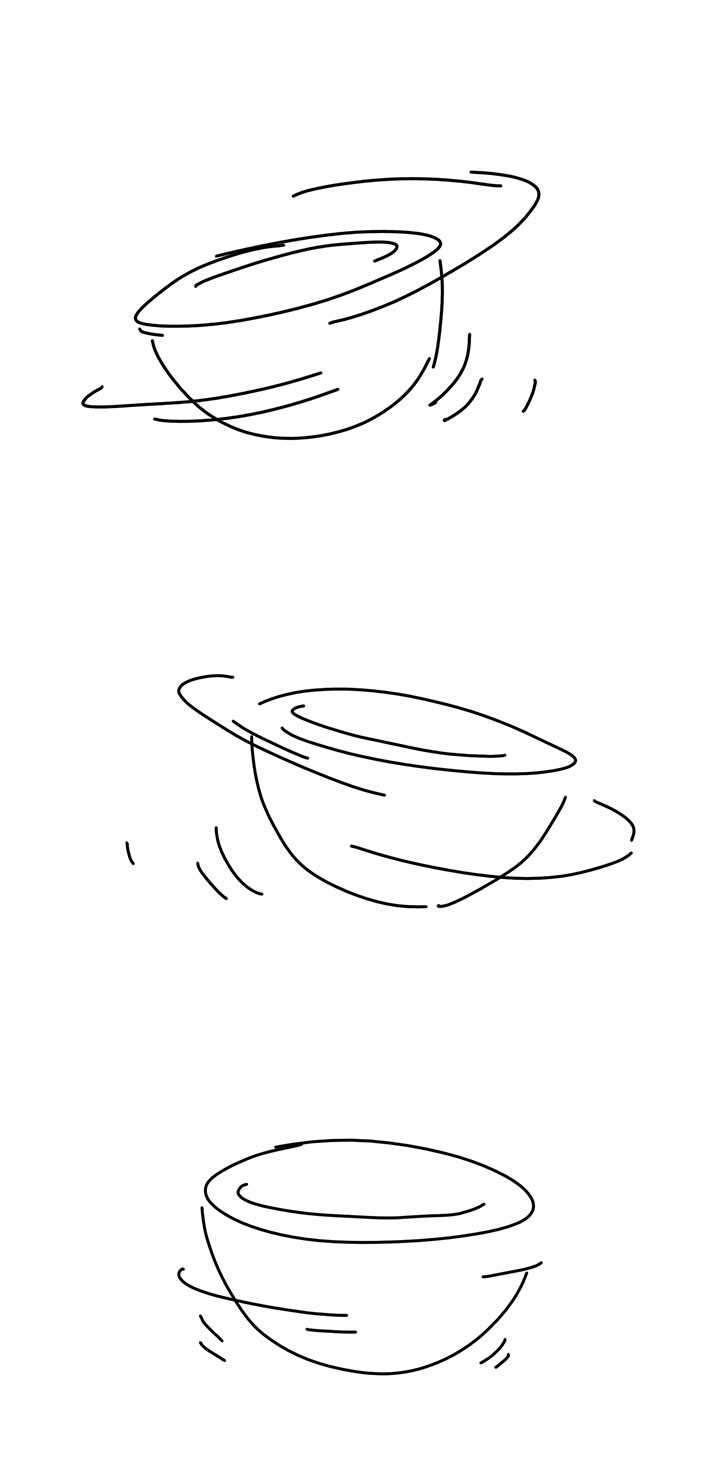 Panel 12: The bowl spins quickly, drifting to the left. Panel 13: The bowl spins slightly slower, drifting to the right. Panel 14: The bowl starts to come to a stop steadying in the middle of the page.
