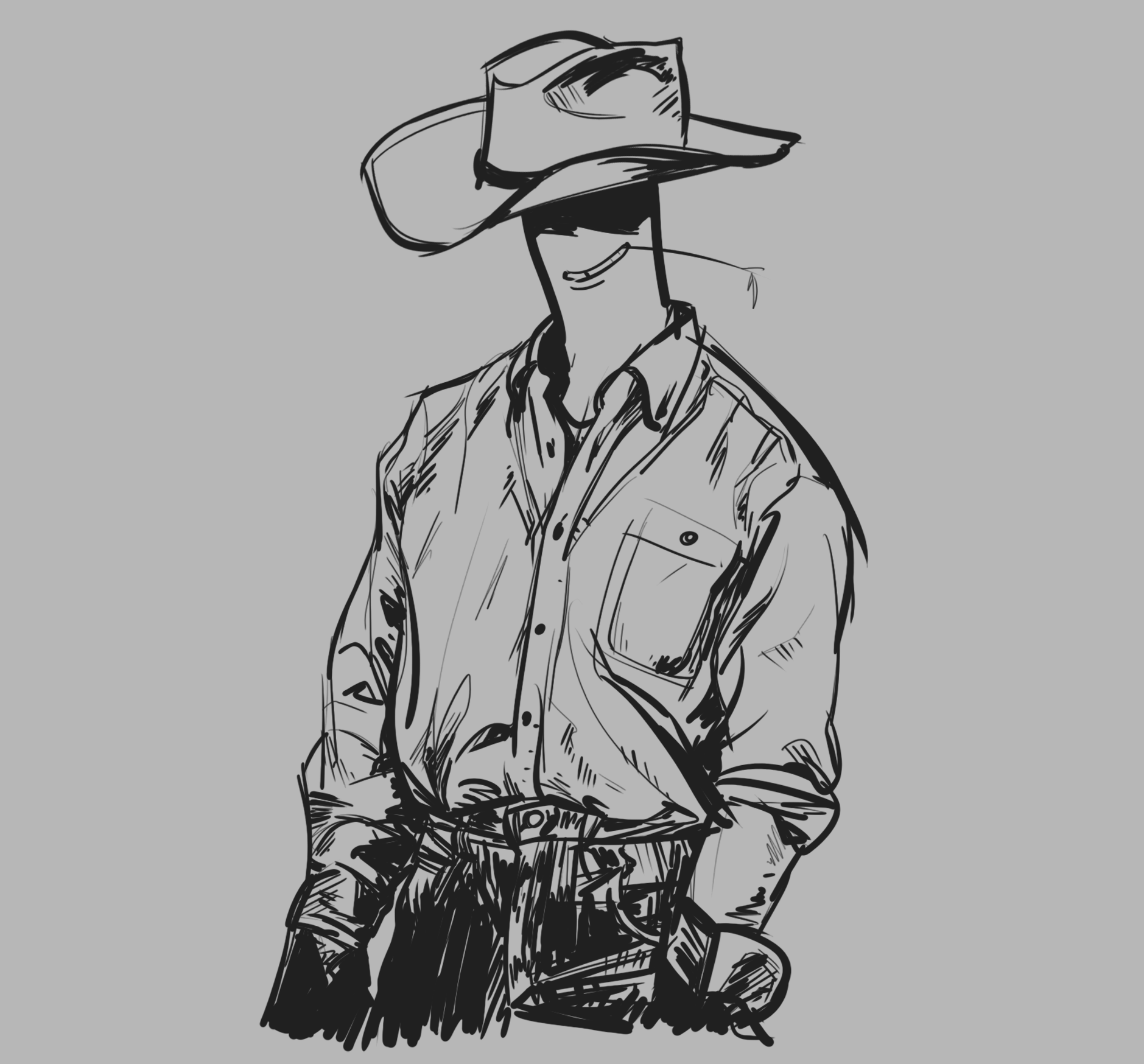 Greyscale digital drawing of a mostly featureless cartoon person in a button up, cowboy hat, and jeans. The hat casts a shadow over where the eyes should be. They're smiling with a piece of grass sticking out from their teeth.