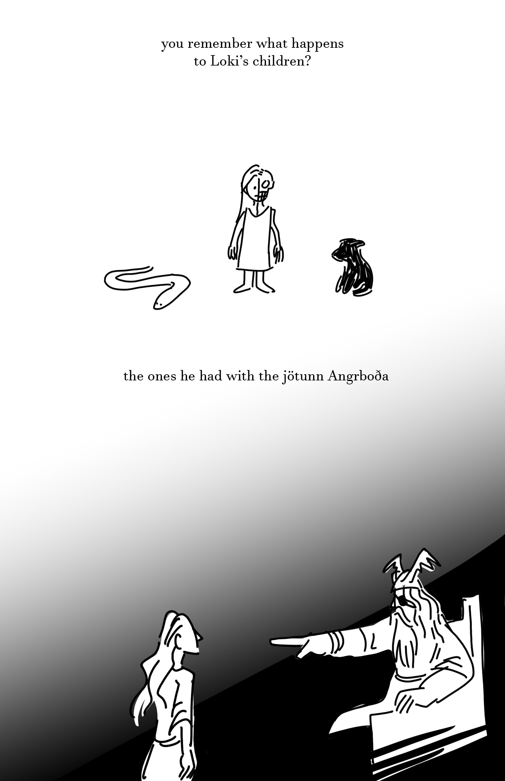 "You remember what happens to Loki's children?" A snake, a girl with her left side as a corpse, and a wolf pup stand in a row. "The ones he had with the jötunn Angrboða." Odin sitting on a throne pointing down at Loki sternly.