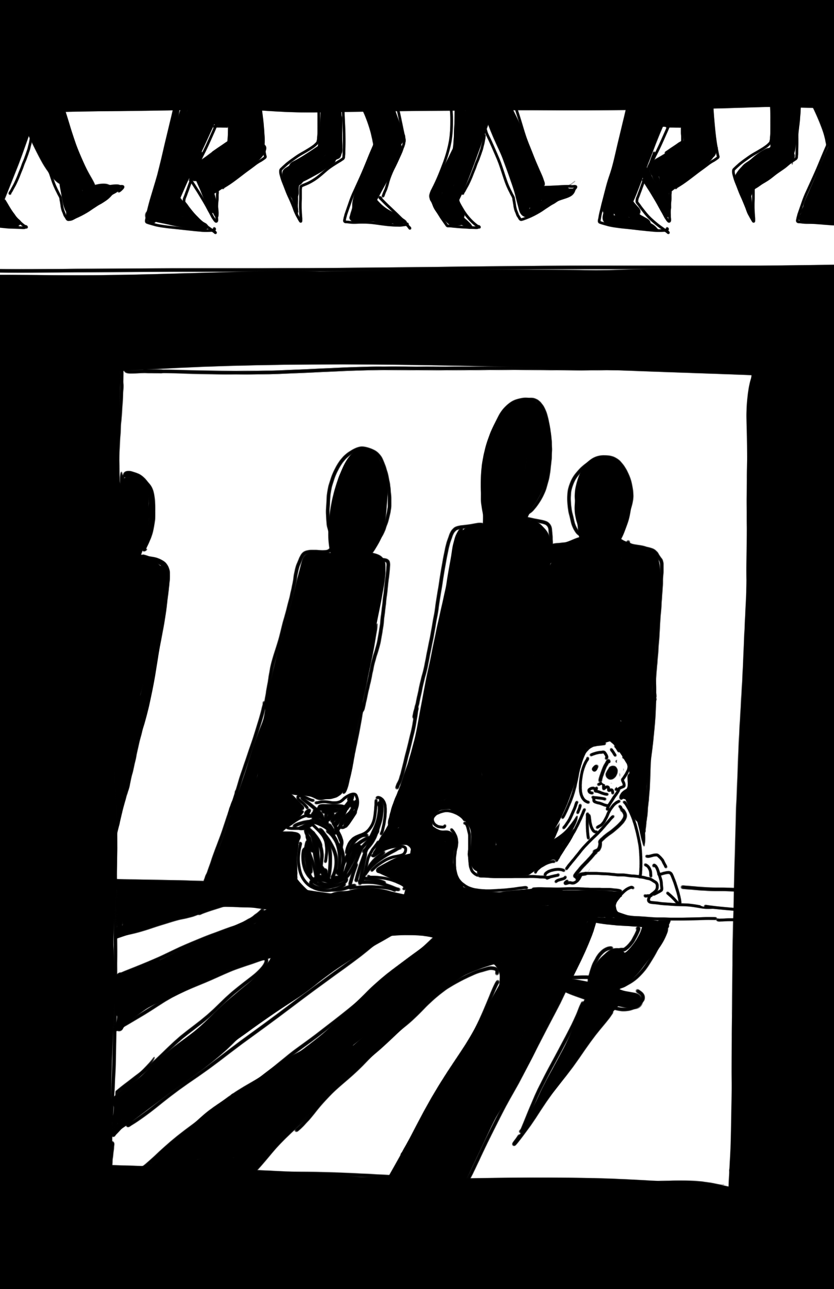 Panel 1: Silhouette of many legs marching in one direction. Panel 2: Large shadows loom over a small wolf pup, a snake, and a girl with the left side of her body rotting. They seem to be playing on the ground and the girl looks up in surprise. One of the shadows is holding a blade pointed down.