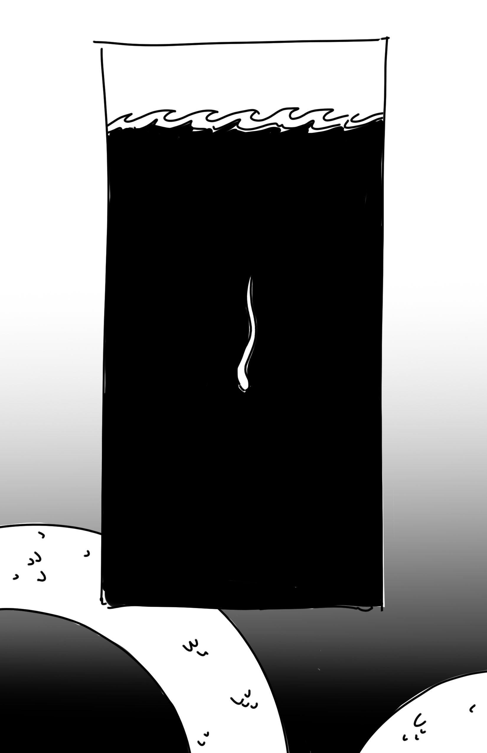 Panel 1: White silhouette of the snake swims down into the black ocean in one long panel, showing how deep he's going.
The bottom of the page is a black gradient that goes to white behind the panel. Sections of a large snake peek up, scaled and curving back out of the page.