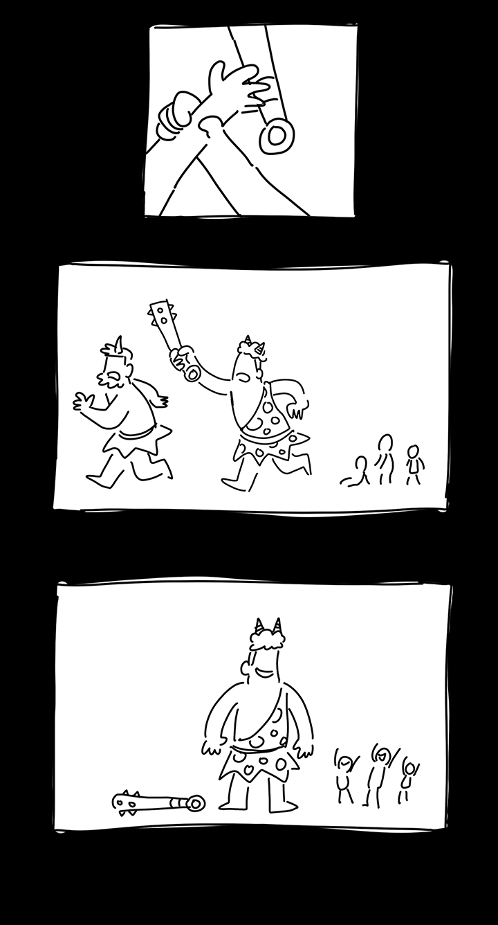 Panel 4: close-up of a hand grabbing onto the blue oni's wrist and him letting go of the club.
Panel 5: The red oni chases off the blue oni with the club, the humans watching on.
Panel 6: The red oni stands smiling as the humans cheer. The club is on the ground and the blue oni is gone.