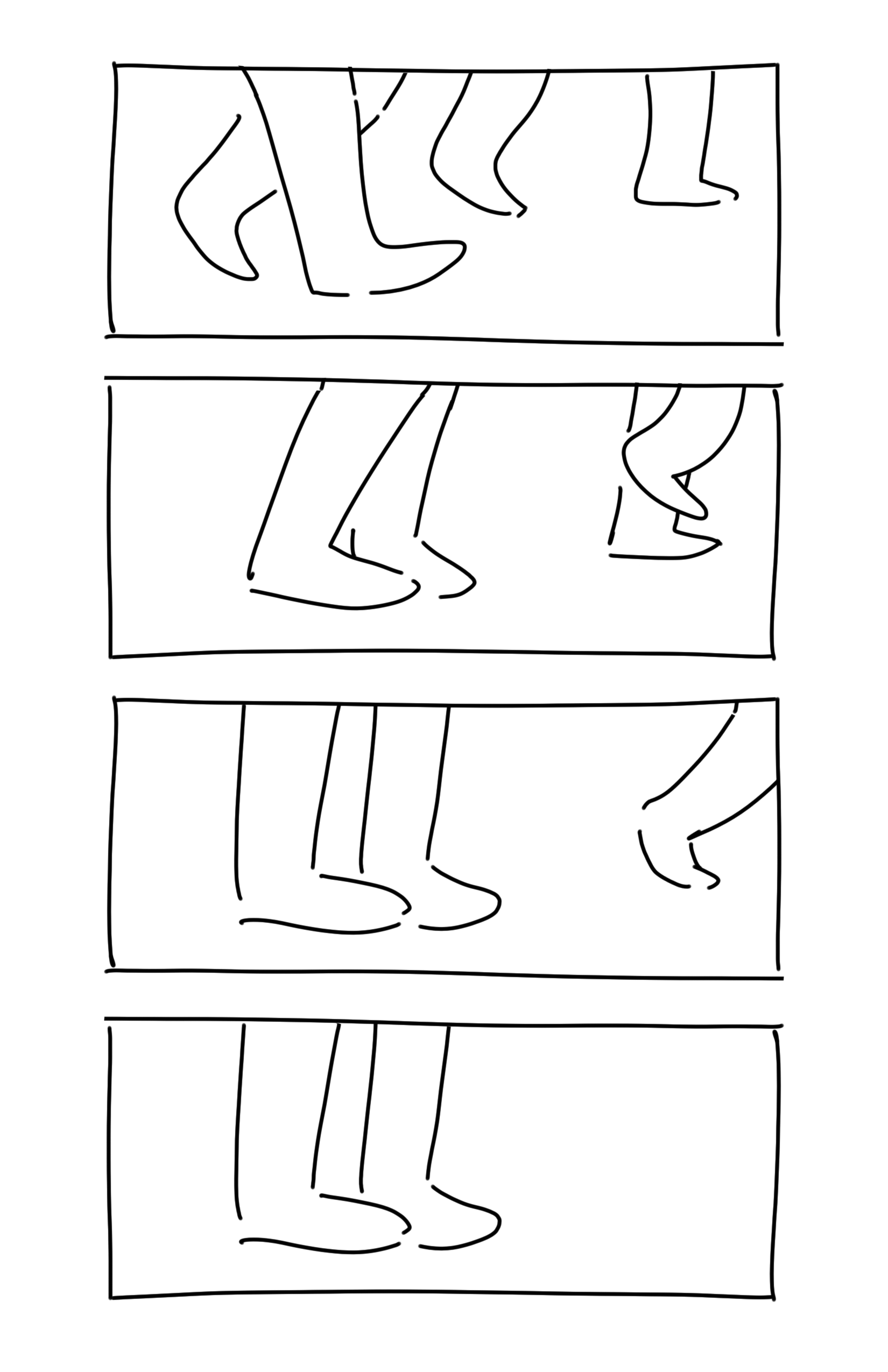 Panel 1: two sets of legs walking.
Panel 2: The legs on the left come to a stop as the legs on the right keep walking.
Panel 3: The legs on the left stand still. The legs on the right start to disappear off panel as they keep walking.
Panel 4: The legs on the left stand alone.