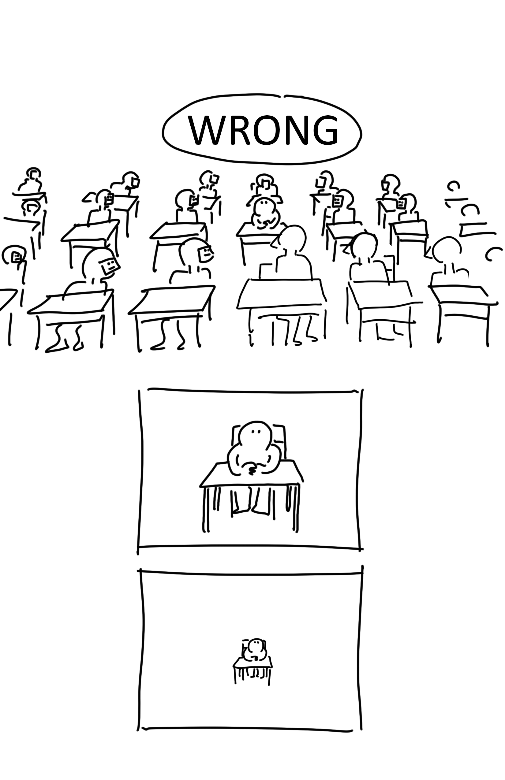 Panel 1: the teacher says, "WRONG." The kid on the left looks small hunched in on themselves at their desk with every other student at their desks turned towards them. Panel 2: The kid on the left sits frozen at their desk with their hands closed together over their desk, frozen. Panel 3: The kid on the left remains frozen, receding into the void with all the other students missing.