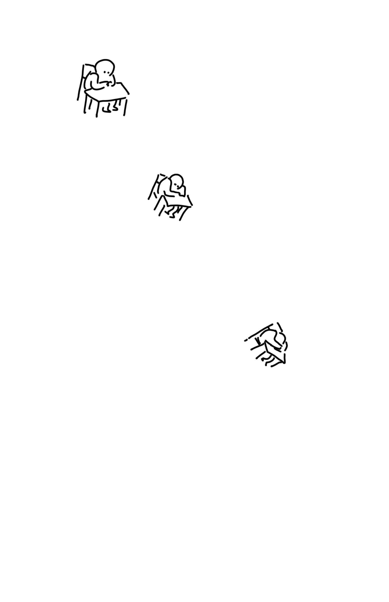 The kid on the left floats in the void, sitting at their desk with their hands folded and looking down. They get smaller as they begin to hunch down and rotate in further iterations of themselves down the page until they have their face in their arms. It looks like they're floating off.