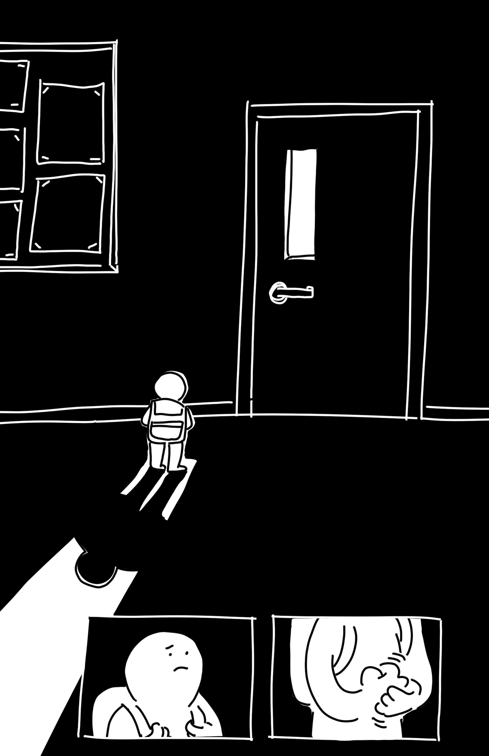 Dark hallway with a large billboard on the wall that has pages stapled to it extending off the page. Single looming door about four times the height of the kid on the left who is standing looking at it with their backpack on. The single long rectangular window above the door's handle casts a shadow over the kid. Panel 1: close-up on the kid on the left as they look up nervously at the door. They're holding the straps of their backpack. Panel 2: The kid on the left fiddling with their hands, their right hand in a fist where something had been written. 