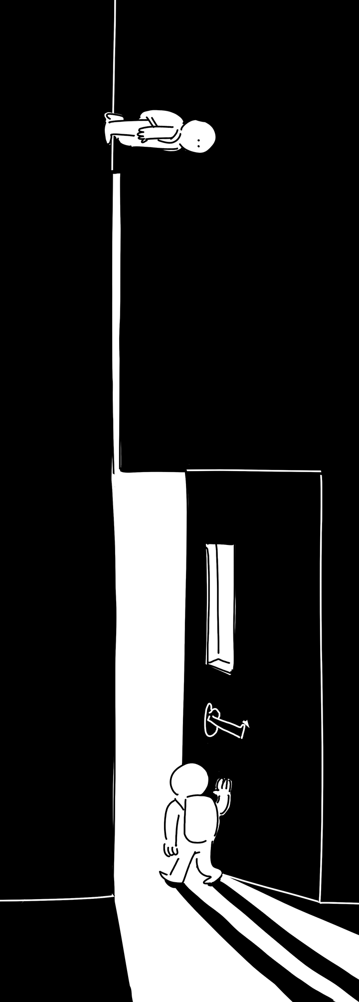 Panel 3 continued: 3rd iteration of the kid walking down the hallway, they approach a long strip of rectangular light on the floor. Panel 4: The strip of light on the ground morphs into the light streaming through an open doorway like the one the kid on the right left the kid on the left with. The kid on the right is pushing the door open and walking inside. Their long shadow stretches behind them into the hallway.