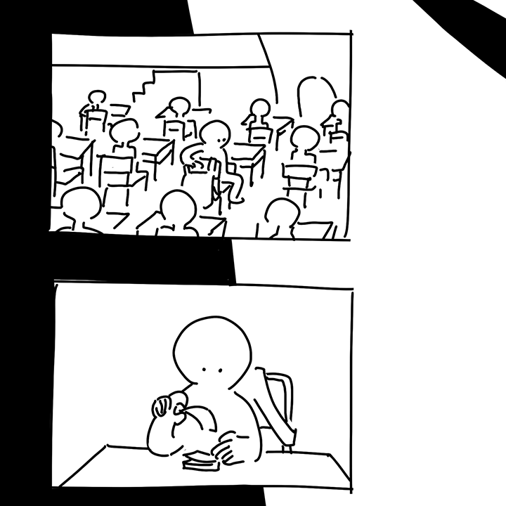 Panel 5: The kid sits down at a desk with their backpack hung up on the back of their chair. They are surrounded by the silhouettes about the same size as them all facing the front of the classroom. There is the vague outline of a small set of stairs and the legs of a giant silhouette in the front. Panel 6: The kid is at their desk, peeling the top piece of a sticky note pad off.