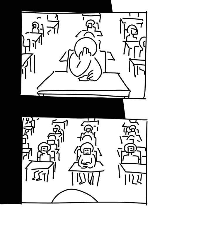 Panel 7: A slightly zoomed out view of the kid at their desk still, one hand over their face and one hand on the sticky note pad on their desk. Panel 8: Zoomed out further and the kid blends in with all the other silhouettes at their desks. Their hands are folded in front of them on the desk revealing that they put a sticky note with a stoic expression drawn on. Every other silhouette has a similar square piece of paper stuck on their face with the same expression.