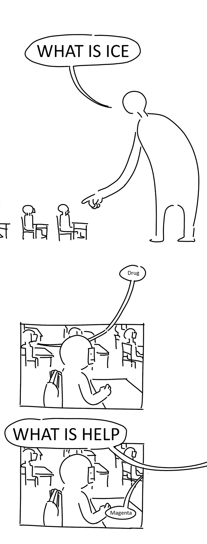 Panel 9: A giant silhouette looms over the small ones, reaching a long arm and pointing at one of the silhouettes. They say, "WHAT IS ICE" in large lettering. Panel 10: One of the silhouettes in the next row over from the kid says, "Drug." The kid is sitting at their desk with a hand on their desk, not moving and facing forward. Panel 11: The kid continues to sit without moving. The teacher from somewhere off the page says, "WHAT IS HELP" in large lettering. Someone in front of the kid but unseen says, "Magenta."