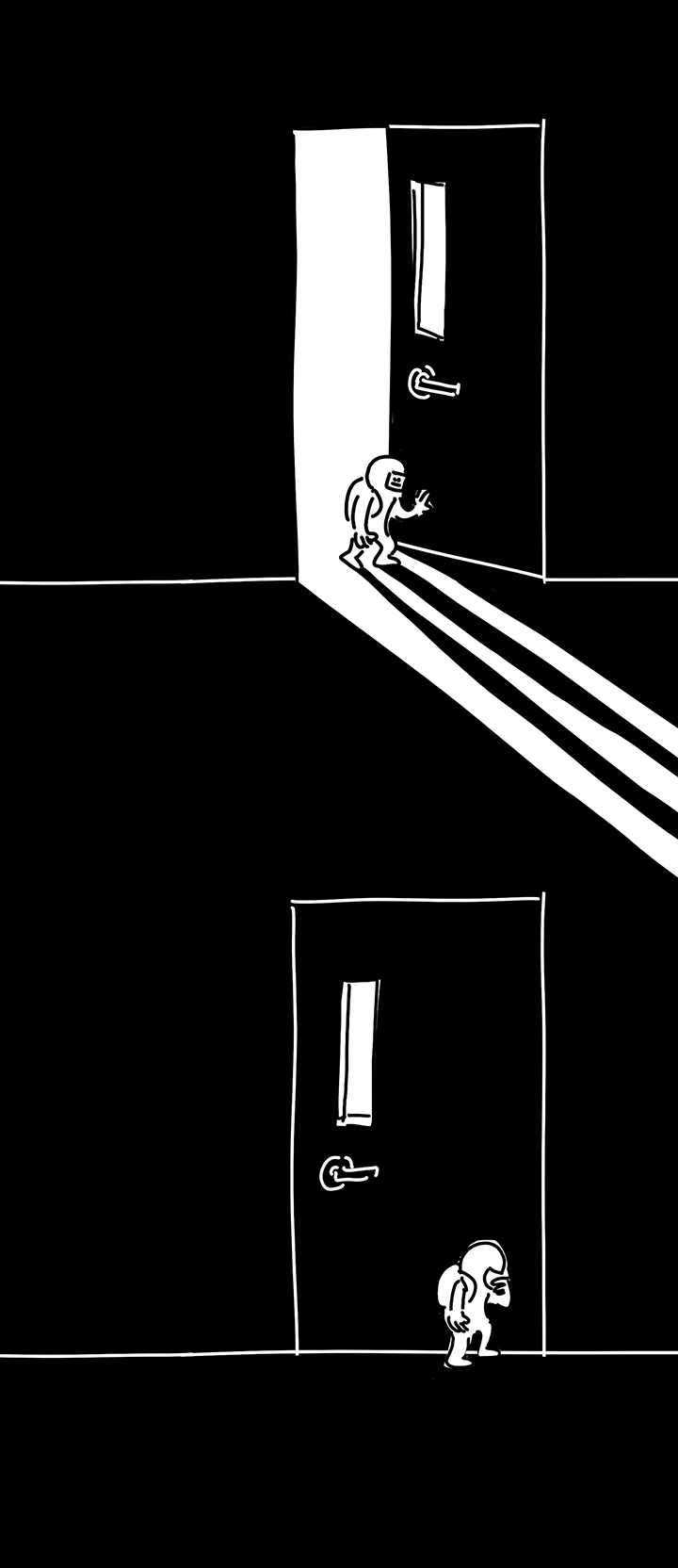 Panel 16: The kid exits the room through the door into the dark hallway. They are slightly slumped and pushing on the door. They cast a long shadow that extends off the page. Panel 17: The door is closed and the kid is standing in the dark hallway. They reach up for the piece of paper on their face tiredly.