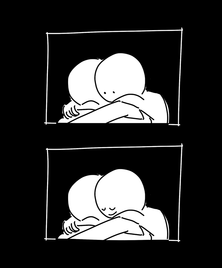 Panel 24: A closer view of the kid on the right's face as they stand their hugging the kid on the right. They're still staring. Panel 25: The kid on the right closes their eyes and smiles.