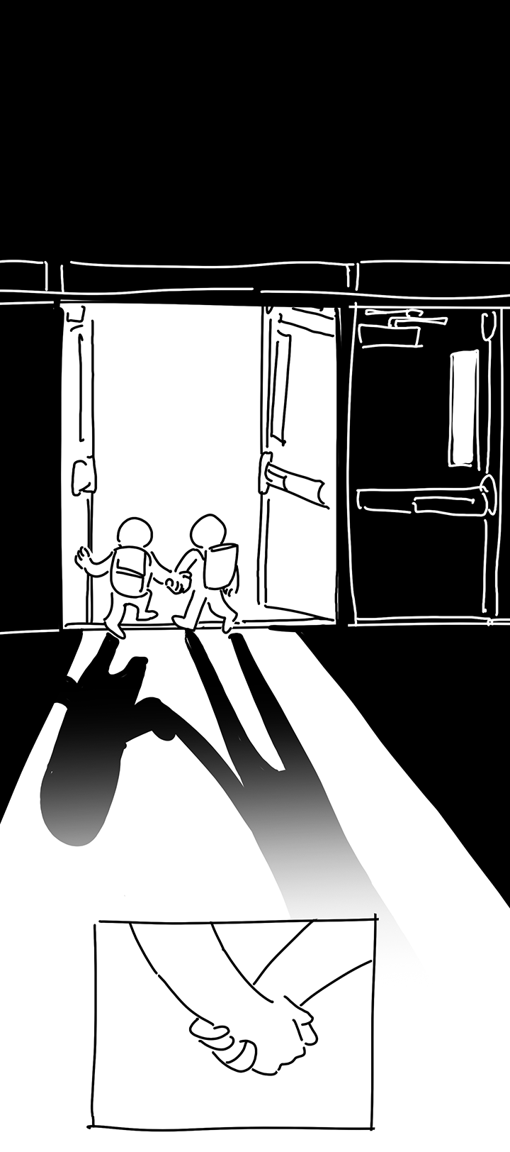 Panel 26: The kids walk out a set of large double doors with push bars that are way too big for them. They're holding hands. It's light outside and the two kids cast shadows behind them as they exit. The kid on the right's shadow extends much longer before it fades into white. Panel 27: A closer zoom of two hands holding each other.