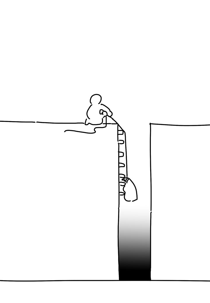 Panel 15: The kid shown in silhouette as they lower the sack by the rope down the trapdoor into darkness.