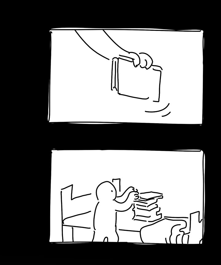 Panel 17: The kid's hand picking up a book by the spine. Panel 18: The kid stacking books on top of the bed. The blanket is half hanging off.
