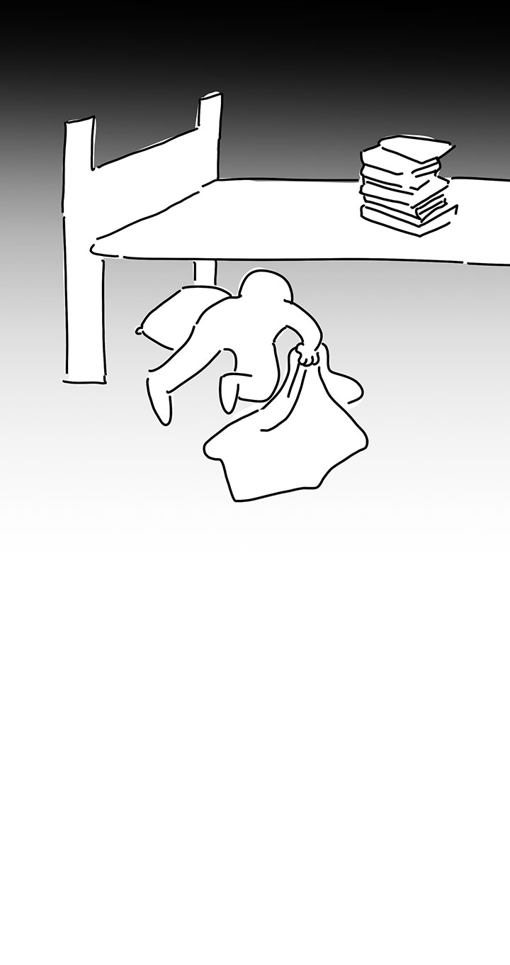 Panel 20: The kid on all fours climbing underneath the bed, dragging the blanket with one hand. There is the edge of a pillow that can be seen underneath the bed.