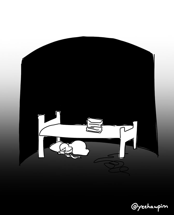 Panel 21: The kid sleeping under the bed under the blanket cuddled up to the pillow and a white snake toy. Their eyes are closed and they're smiling. The rope is tangled on the ground to the foot of the bed. The cylindrical room is dark. A watermark in the bottom right corner as the page fades to black: @yeehawpim