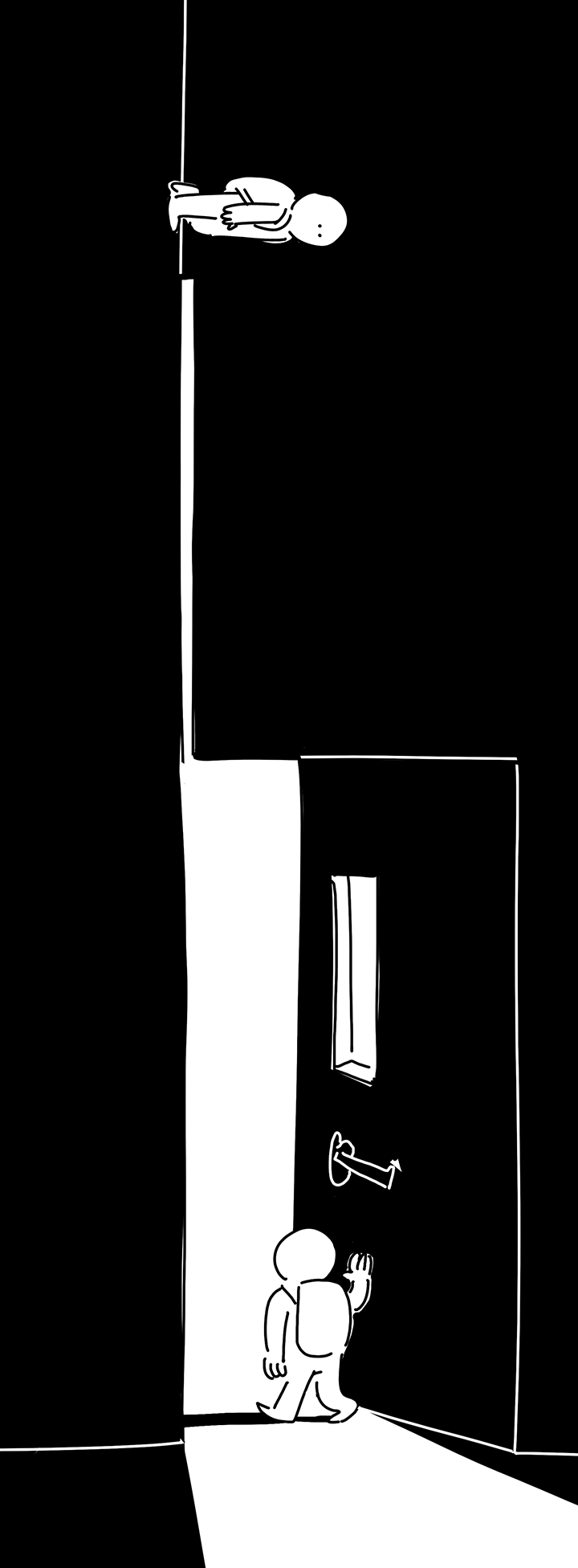 Panel 3 continued: 3rd iteration of the kid walking down the hallway, they approach a long strip of rectangular light on the floor. Panel 4: The strip of light on the ground morphs into the light streaming through an open doorway like the one the kid on the right left the kid on the left with. The kid on the right is pushing the door open and walking inside. Their long shadow stretches in front of them into the classroom.