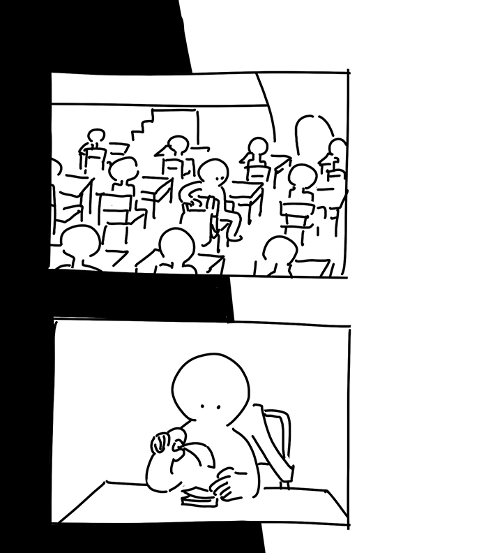 Panel 5: The kid sits down at a desk with their backpack hung up on the back of their chair. They are surrounded by the silhouettes about the same size as them all facing the front of the classroom. There is the vague outline of a small set of stairs and the legs of a giant silhouette in the front. Panel 6: The kid is at their desk, peeling the top piece of a sticky note pad off.