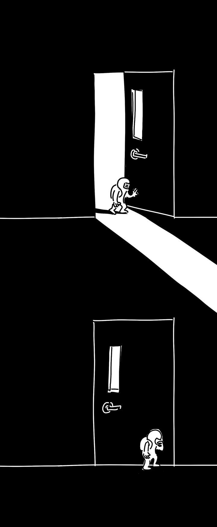 Panel 16: The kid exits the room through the door into the dark hallway. They are slightly slumped and pushing on the door. They cast a shadow that extends back into the classroom. Panel 17: The door is closed and the kid is standing in the dark hallway. They reach up for the piece of paper on their face tiredly.