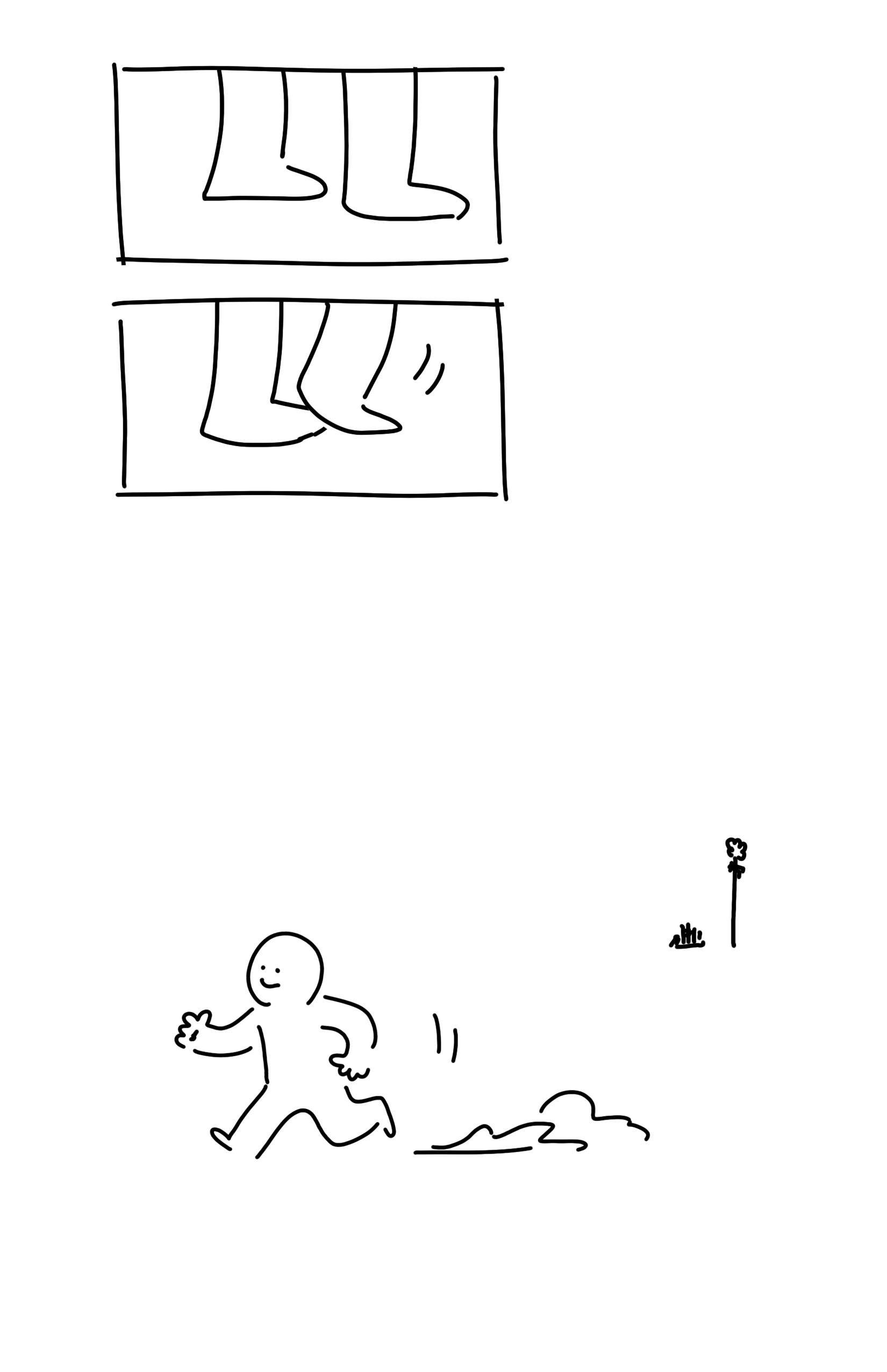 Panel 1: Close-up of the kid on the left's planted feet, facing to the right. Panel 2: Same shot but their right foot is lifting. Panel 3: Zoomed out view of the kid running to the left, kicking up a small cloud of dust as they go. They are smiling and on their right hand is a smudge that's indistinguishable at this distance. In the far background there is the silhouette of the tree and the playground, very small.