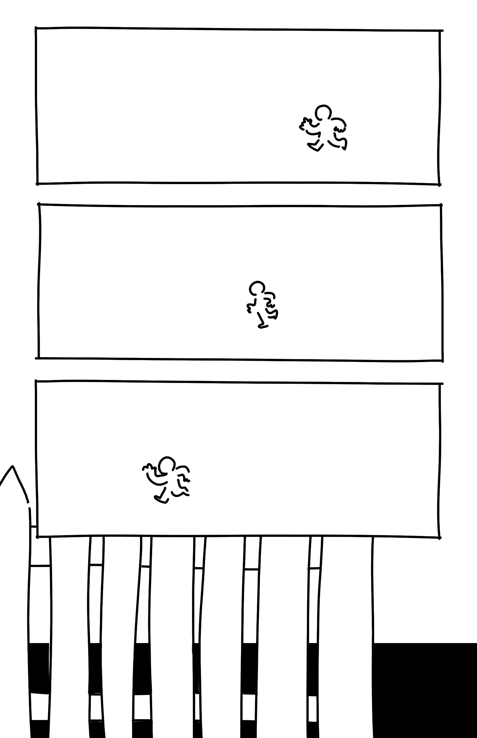 Panel 1: Small silhouette of the kid running to the left. 
Panel 2: Same shot but the kid is further to the left. 
Panel 3: Same shot but the kid is even further to the left. 
Panel 4: A close-up and a white picket fence with a black ground behind it.