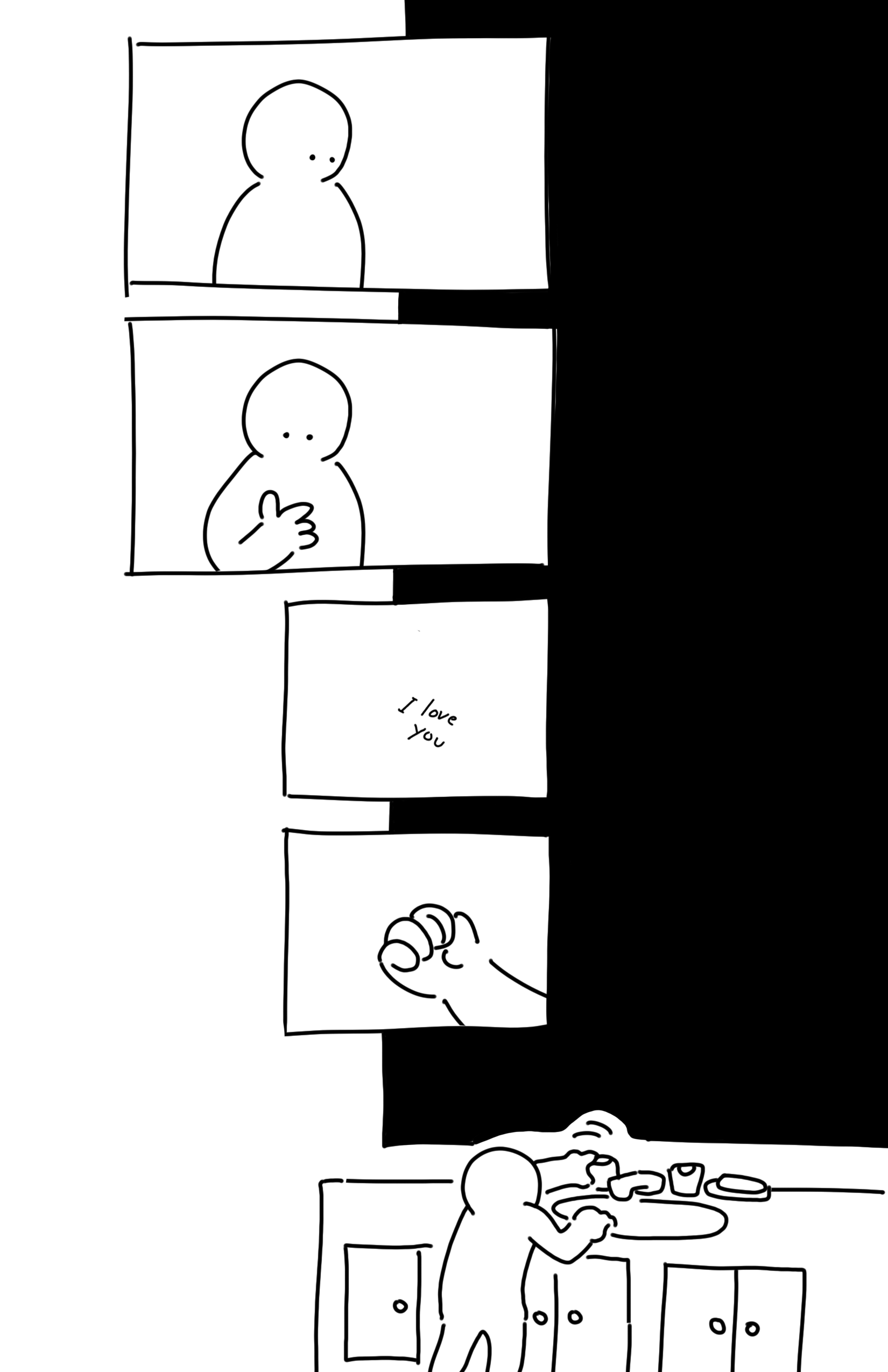 Panel 1: Kid looking down to the sink. Upper body can be seen, they have dot eyes. Panel 2: The kid lifts and looks at their right hand where the writing is. Panel 3: Handwritten text of "I love you" in the bottom half of the panel. Panel 4: The kid's hand in a closed fist where the handwritten text was placed in the previous panel. Panel 5: The kid leans over the sink and twists the faucet. The black mirror extends stylistically up the page.