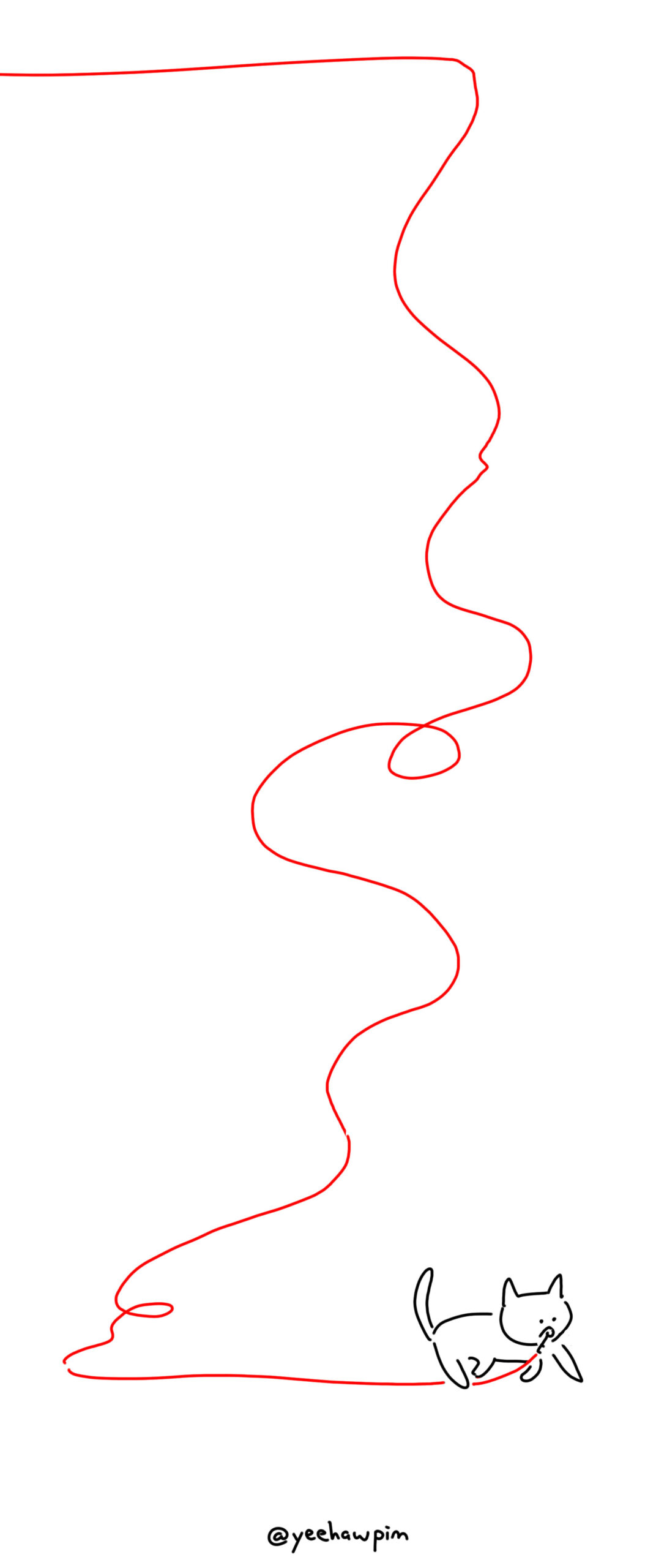 Panel 5: Red string emerges from the left side of the page and trails down, looping twice and laying in squiggly shapes. It ends in the cat walking to the right of the page, still with the key in it's frowning mouth. Watermark on the bottom center of the page: @yeehawpim