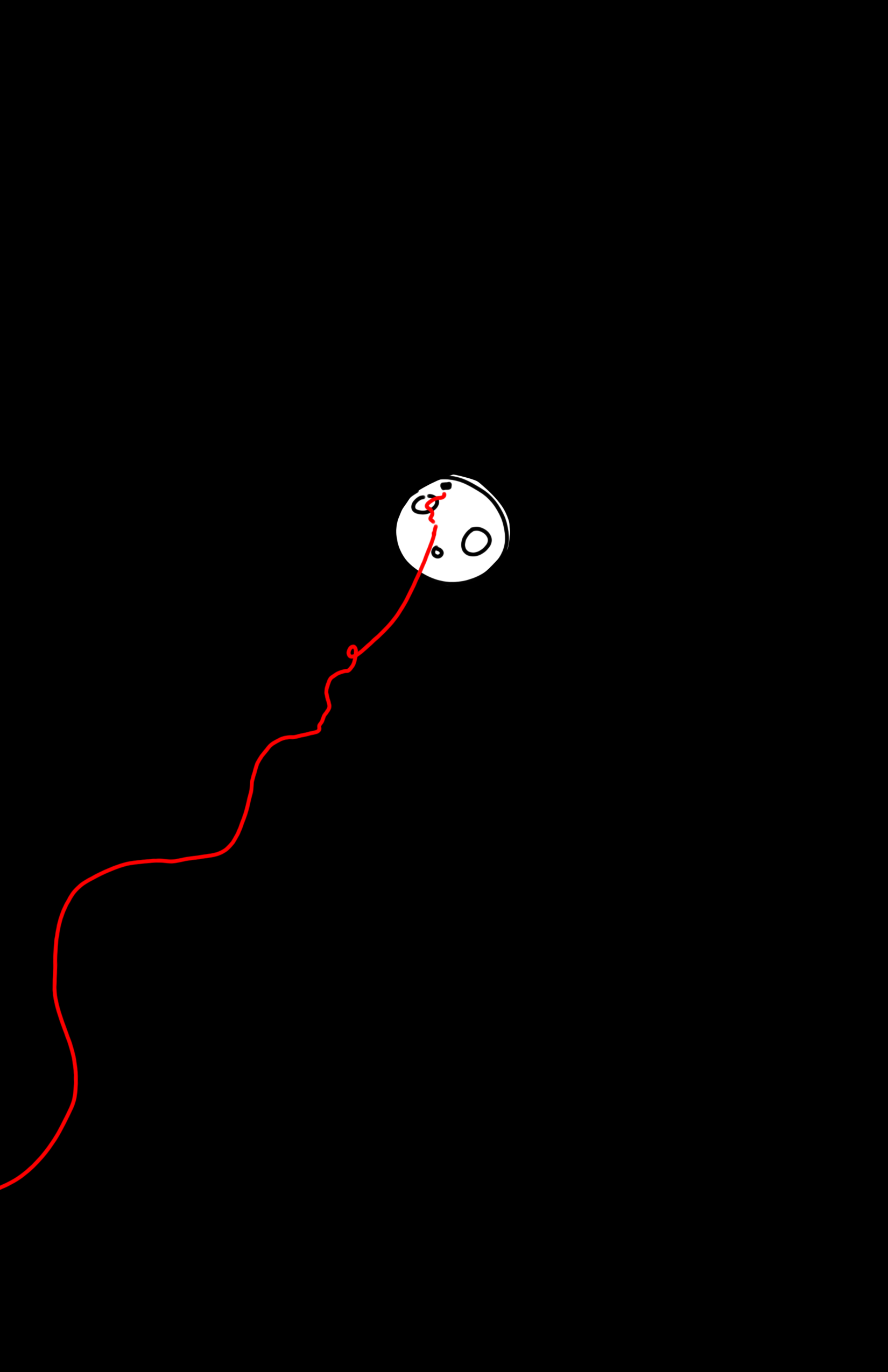 Black and white comic with simple digital drawings. The moon in space. It is small in the middle of a black page. It's a circle with 3 craters interspersed on it's surface, with a black speck near the top. A red string trails from the left side of the page in the void of space and connects on the surface of the planet.