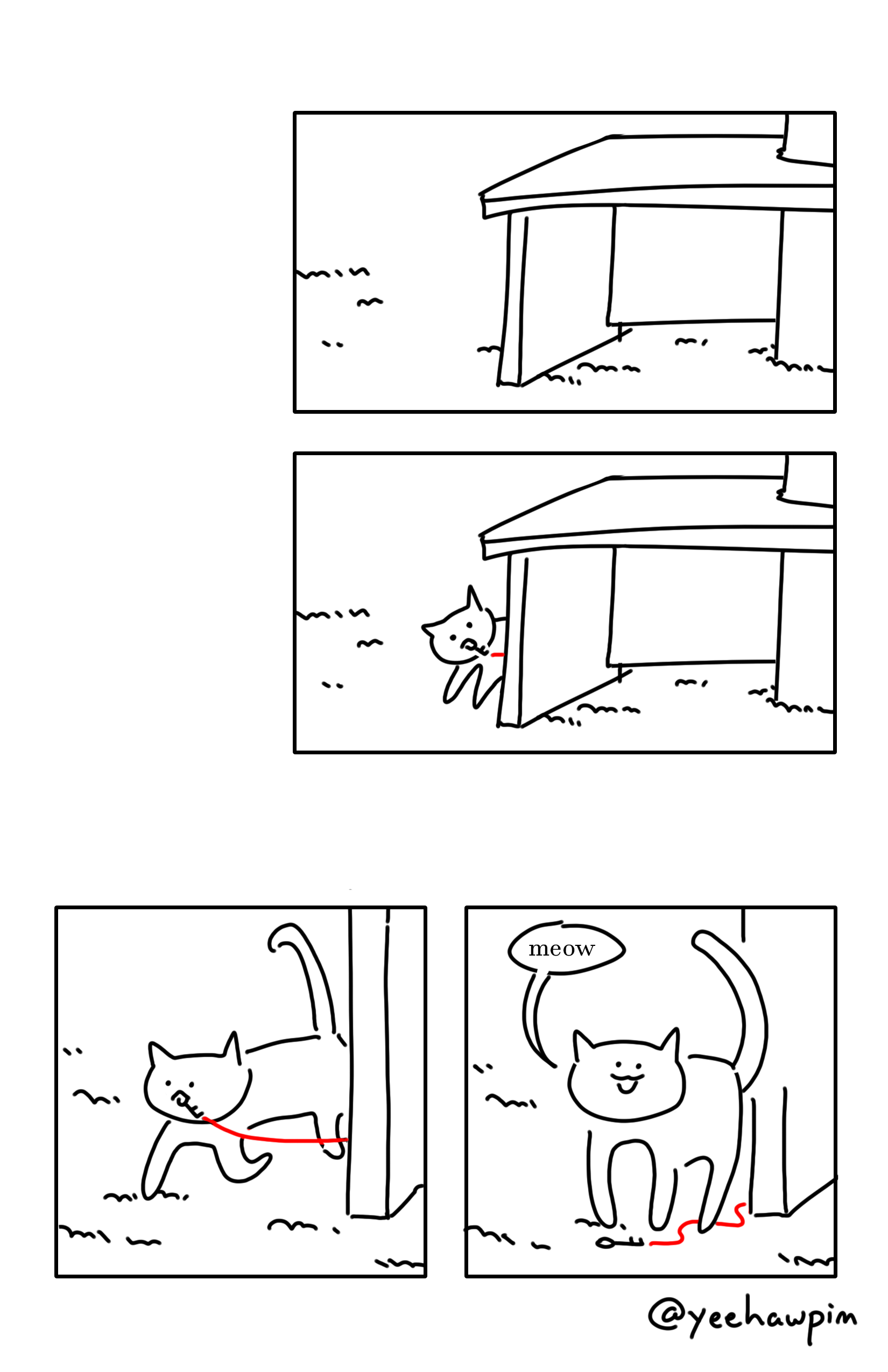 Panel 1: Closer view of the edge of the desk with the edge of the tree trunk to the right of the panel. 
Panel 2: Same shot but a white cat peeks out from behind the side of it, two front paws stood on the carpet and holding a key in it's mouth. The key is attached to the red string on one end. Panel 3: Closer shot of the cat walking out from behind the desk. It's tail is stood up and slightly curved. The string from the key trails behind the desk, the cat continuing to pull it. Panel 4: The cat stands in front of the desk with it's tail in the air. It says "meow" and drops the key on the ground. The string goes slack on the carpet. Watermark in the bottom right corner of the page: @yeehawpim