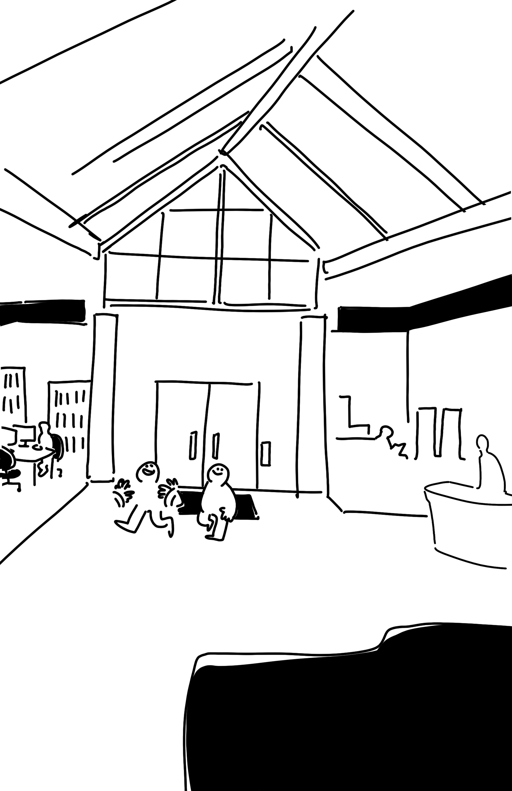 Full page illustration of the two kids in the lobby of the library. There is a wide floor space and they look upwards at the glass roof above them. They smile and the kid on the left flaps their hands, stimming. In the background there is an area with computers and tall bookshelves, an information desk, and a sitting area. There are scattered vague silhouettes of people.