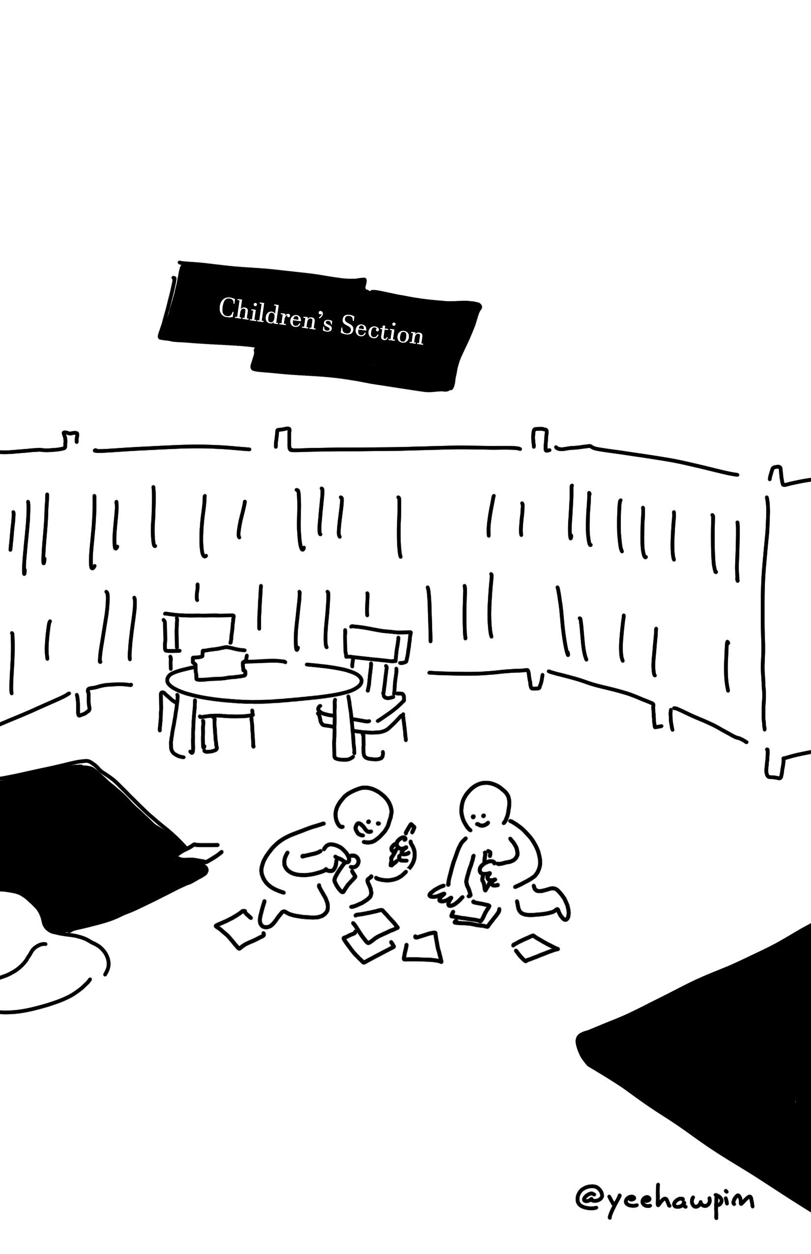 The two kids smile and kneel on the ground drawing on little pieces of paper with small pencils. There is a round table with two chairs behind them with a stack of books. In the background there are shelves of books and a sign on the wall that reads, "Children's Section"
There are two black mats on the ground next to them and the edge of a bean bag chair.
Watermark in the bottom right corner: @yeehawpim