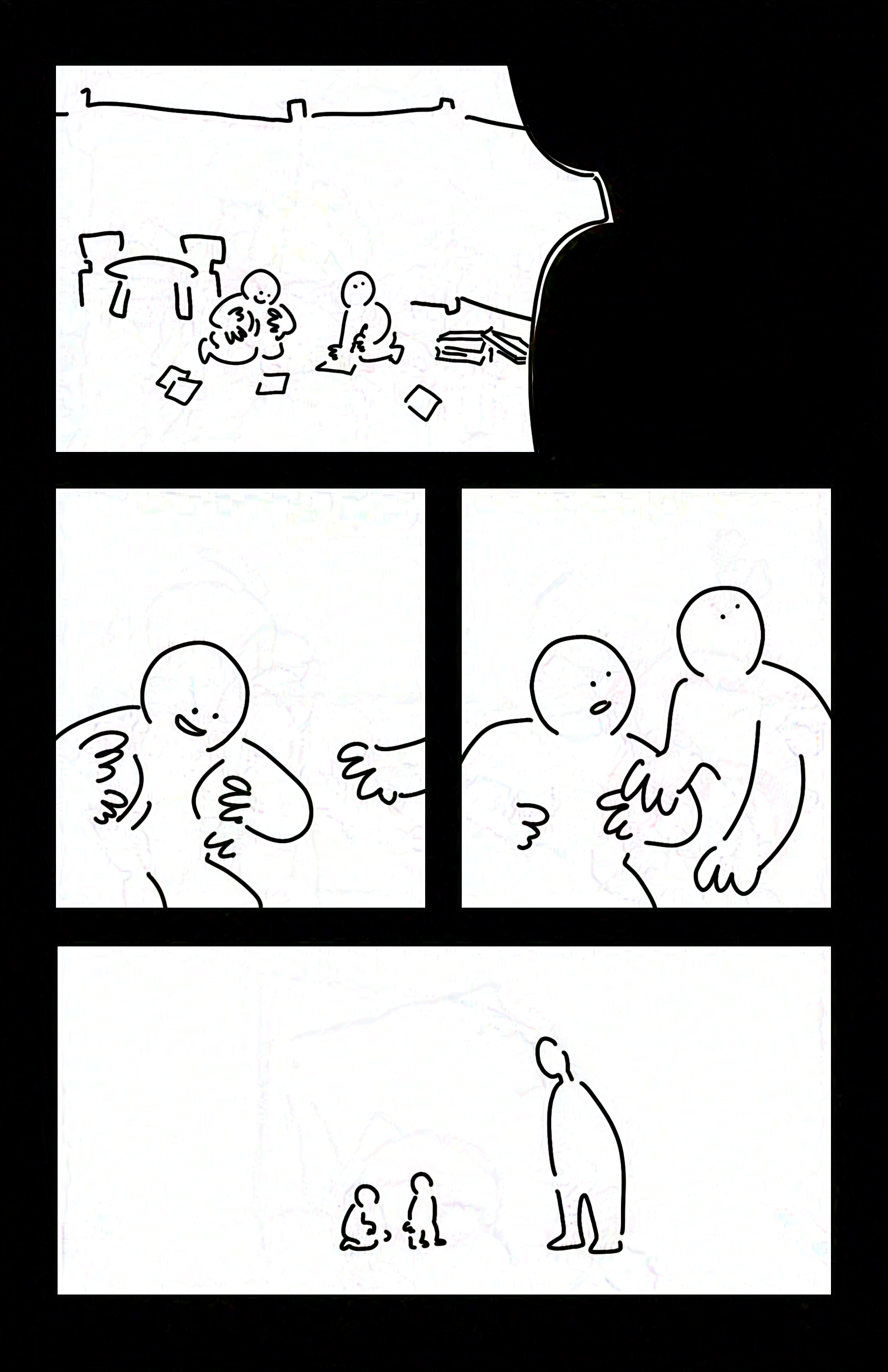 Black background behind panels.
Panel 1: The kid on the left still smiling and stimming. The kid on the right looking up at the dark silhouette in the foreground.
Panel 2: The kid on the left still smiling and stimming.
Panel 3: The kid on the right raises a cautious hand without taking their eyes off the silhouette and starts to stand up. The kid on the left stops moving and looks up.
Panel 4: The kid on the right interposes and stands between the kid on the left and the adult now standing in front of them.