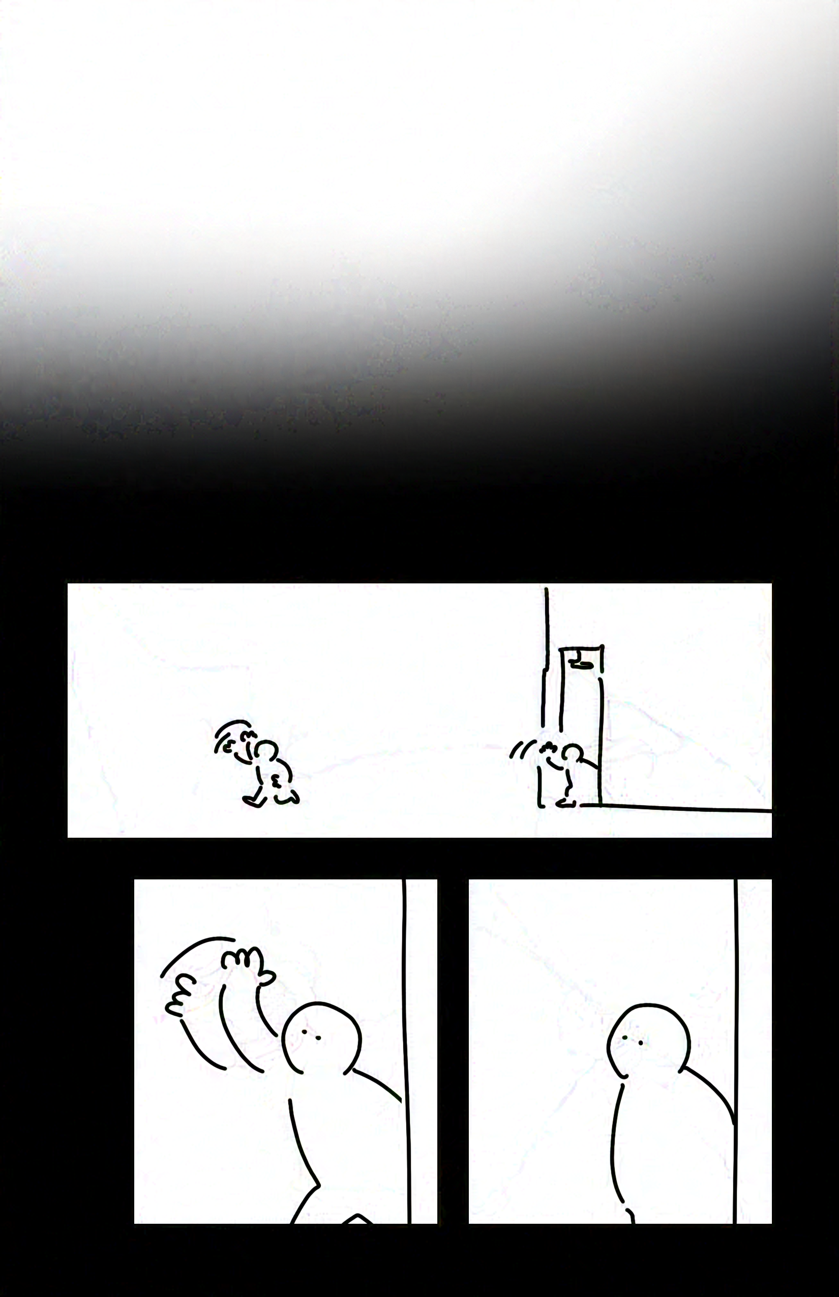 Page fades from white to black. Panel 1: Kid on the left waving as they run away from the building. Kid on the left leaning and waving back out of a door. Panel 2: Kid on the right waving. Panel 3: Kid on the right putting down their arm.