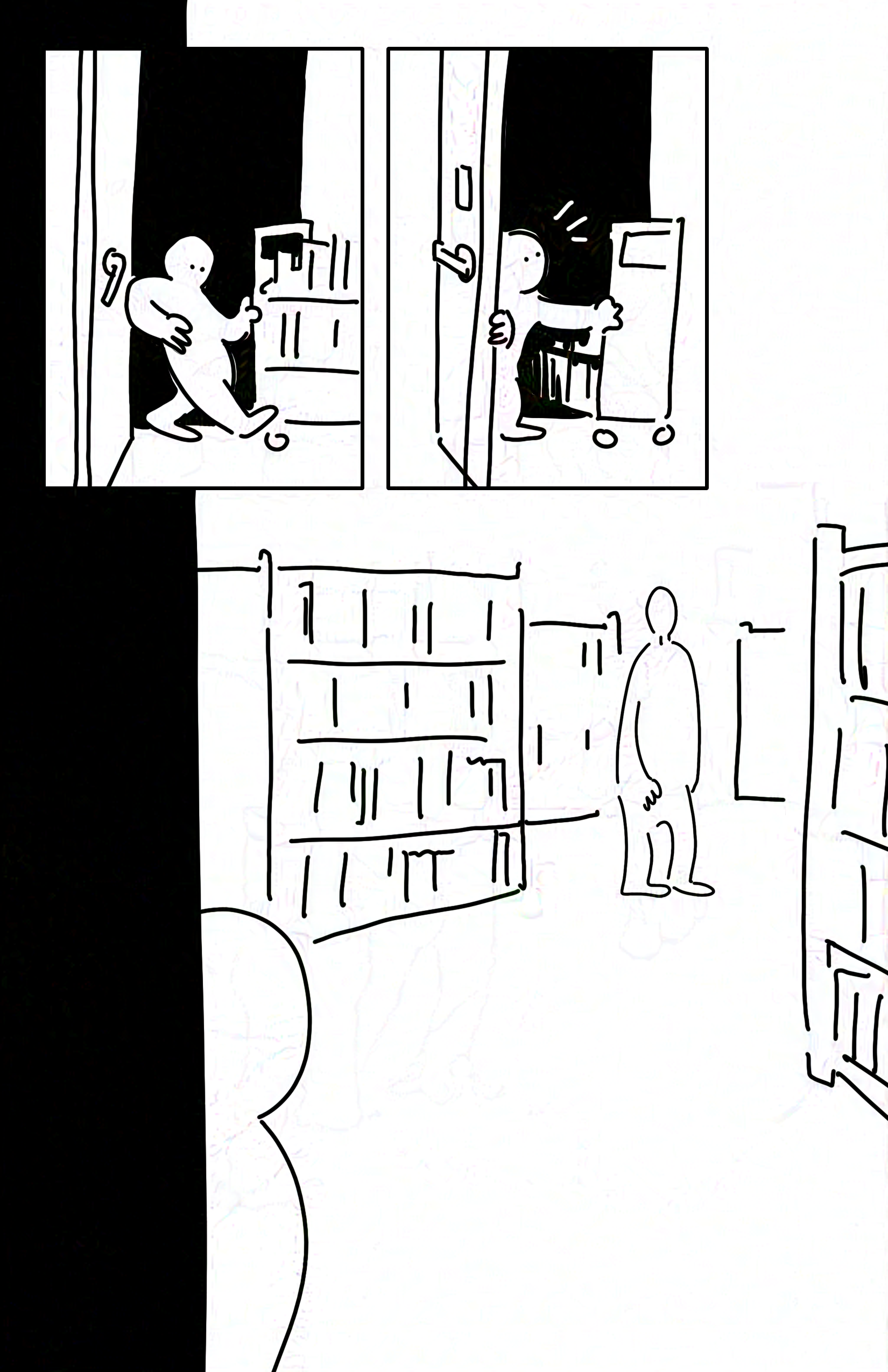 Panel 1: The kid backs into the dark janitor's closet, pulling the cart and propping open the door with an elbow.
Panel 2: The kid looks up, noticing something as they are halfway through the door.
Panel 3: The librarian stands staring back at a distance between bookshelves.