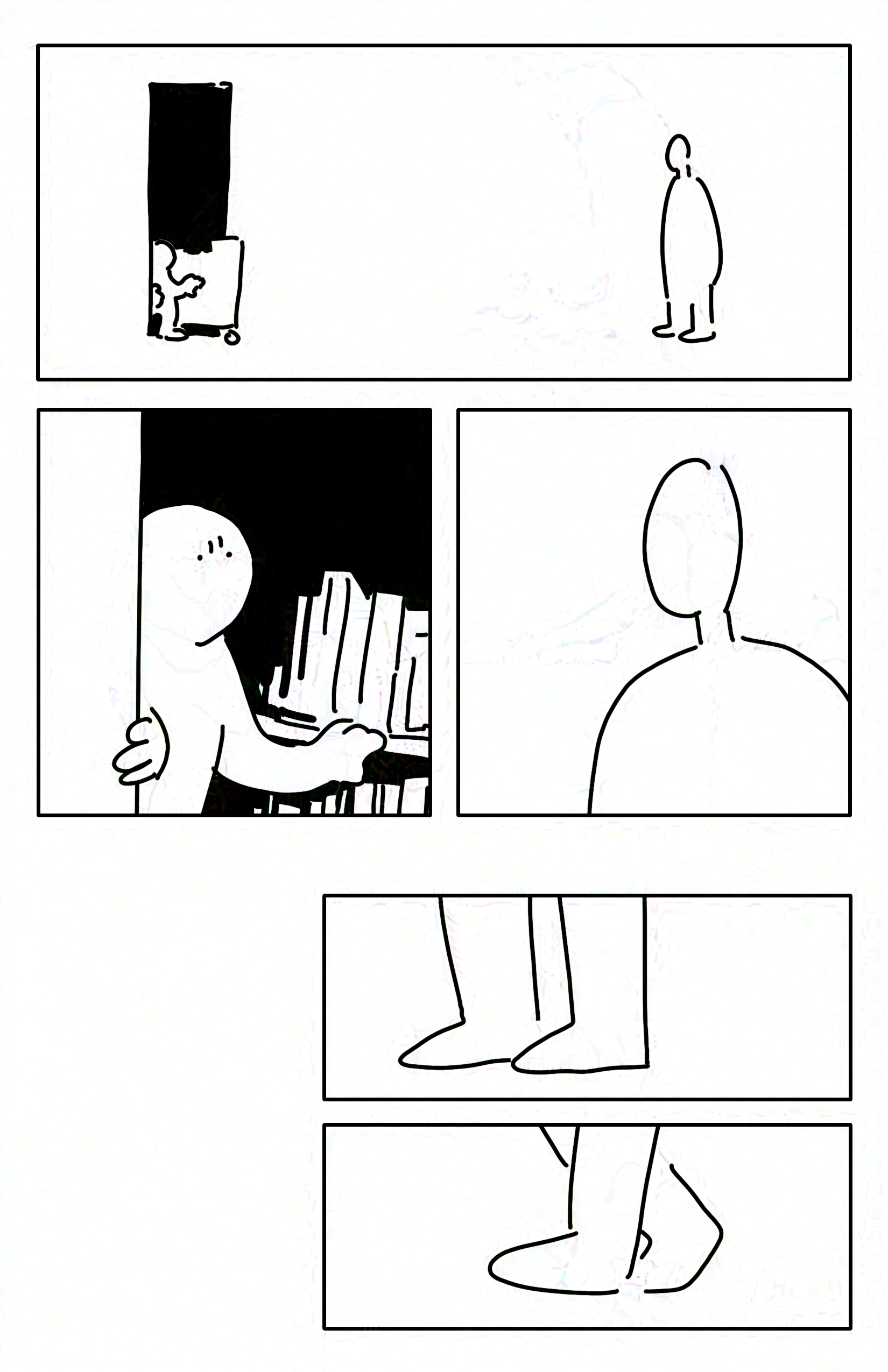 Panel 1: The two stand a distance without moving, facing each other. Panel 2: Close-up as the kid is still frozen halfway in the door, their brow is wrinkled in an unreadable expression. Panel 3: Close-up of the librarian, their face featureless. Panel 4: Close-up of the librarian's feet facing towards the kid. Panel 5: The librarian's feet take a step back.