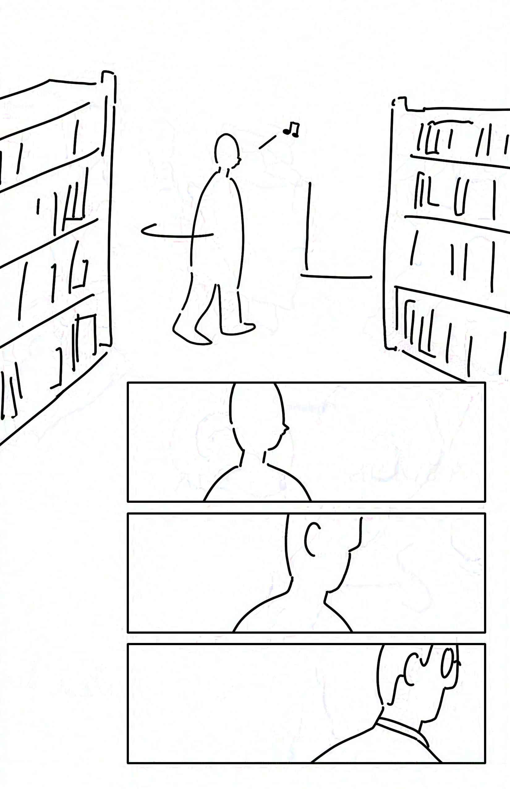 Panel 1: The librarian turns around and begins to walk away, whistling like they haven't noticed anything.
Panel 2: Close-up of the librarian's featureless face, now looking the other way.
Panel 3-4: The librarian's face begins to define itself into features. They have a nose, ears, glasses, short hair, and a lanyard around their neck.