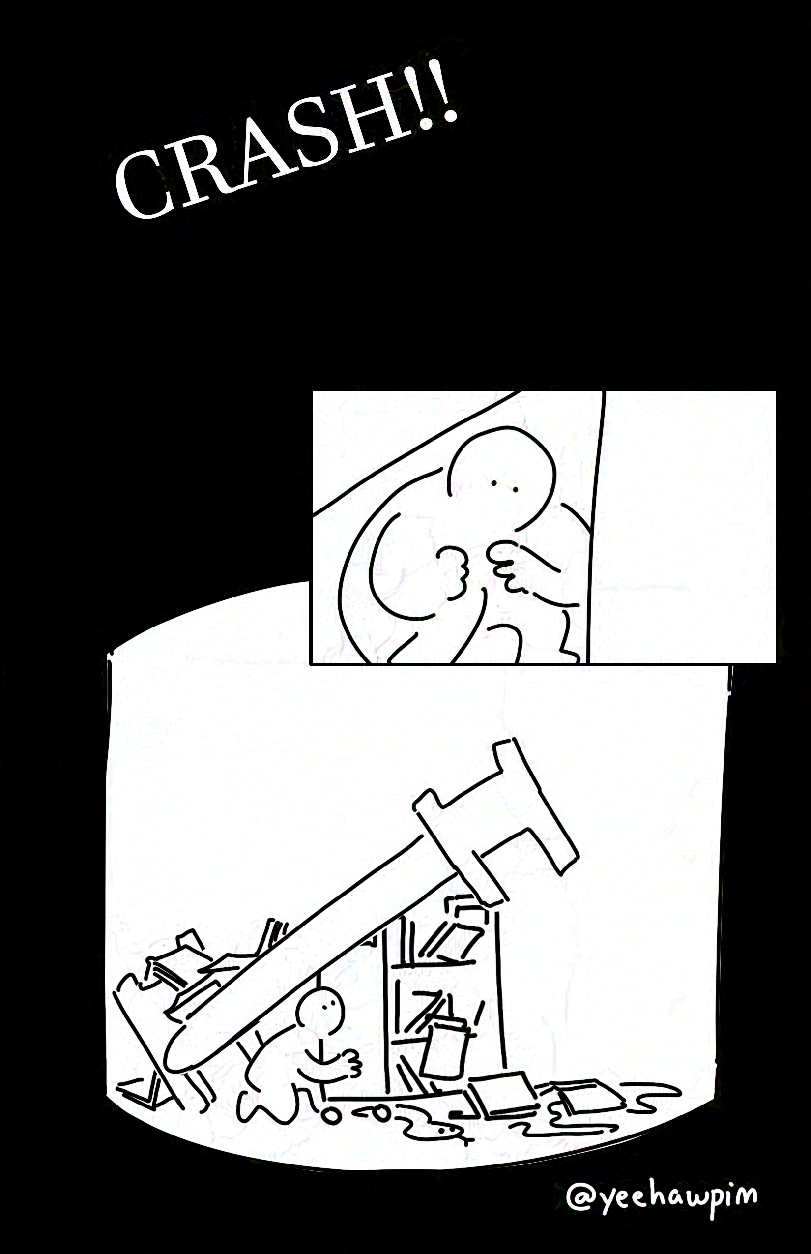 Page background is black with white panels.
Large white text: CRASH!!
Panel 1: The kid with their eyes open crouched in a corner between two large, slanted objects.
Panel 2: The kid crawls out from a pile of things. The cart of books is upright underneath a bed, which has been shifted diagonally with the foot of the bed sticking up in the air. There are books scattered everywhere, on the ground and falling out of the cart as well as towards the head of the bed. There is a white snake plushie on the ground and rope. This is the kid on the right's house from the chapter "house."
Watermark: @yeehawpim