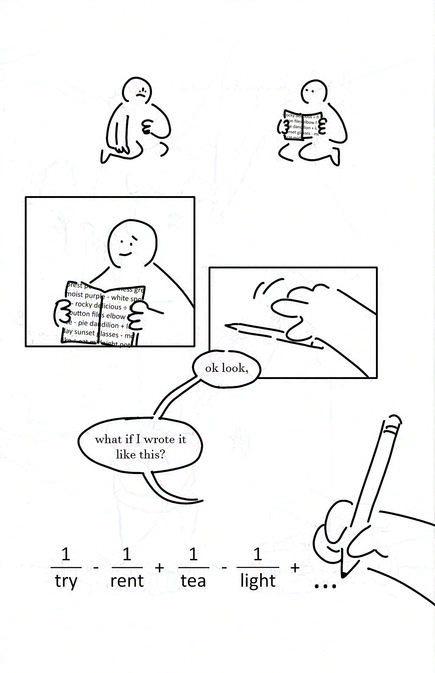 Panel 1: The two kids sit looking at each other, the kid on the left with a discouraged frown.
Panel 2: The kid on the right smiles.
Panel 3: The kid on the right picks up their pencil.
Kid on the right: ok look, what if I wrote it like this?
Order of operations that looks like a series of fractions. They read: 1 over try - 1 over rent + 1 over tea - 1 over light + ...