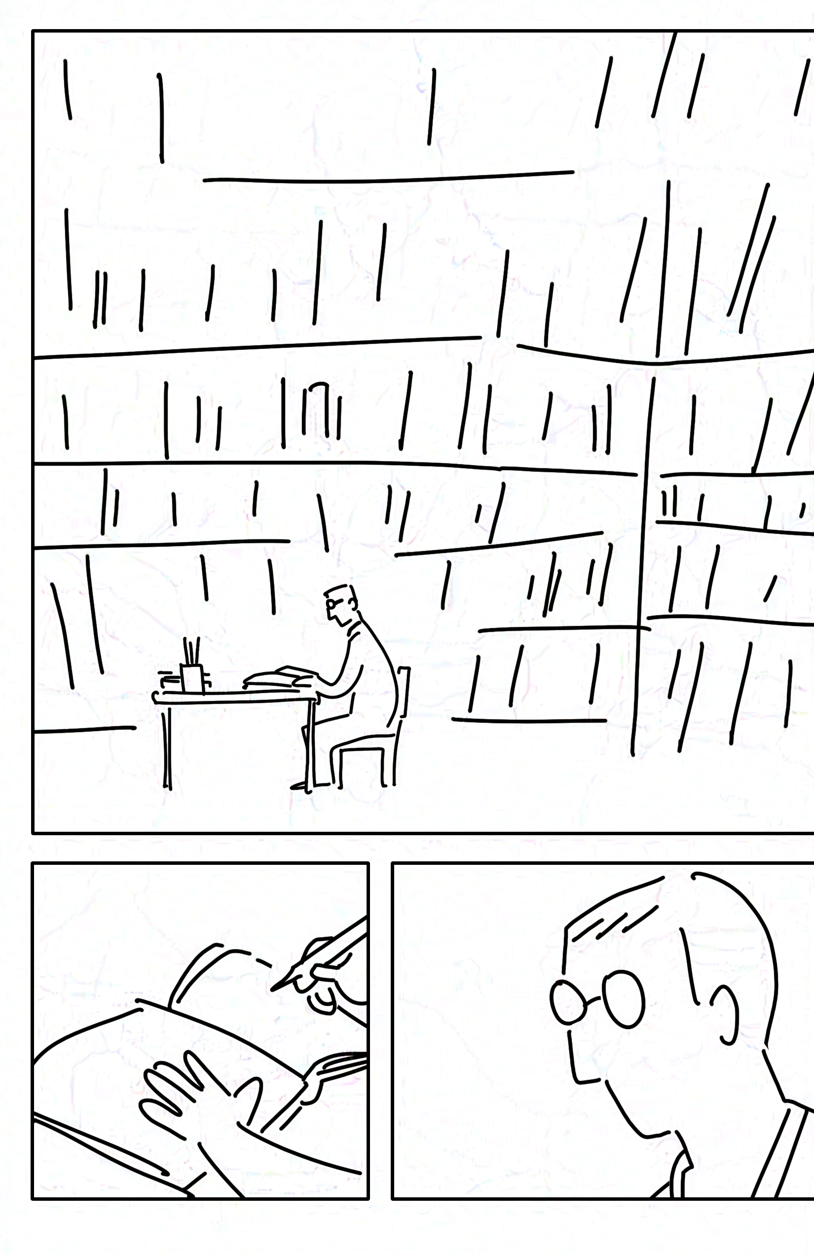 Black and white comic with simple digital drawings. Panel 1: Person with short hair and small round glasses sits at a desk with an open book in front of them. The large room has huge towering abstract bookshelves. Panel 2: Close-up to show the person's hand holding a pencil and hovering over a blank book open on the first page. Panel 3: Close-up of the person's face, it has minimal features. No mouth or eyes can be seen as it looks down. The edge of a lanyard can be seen around their neck.