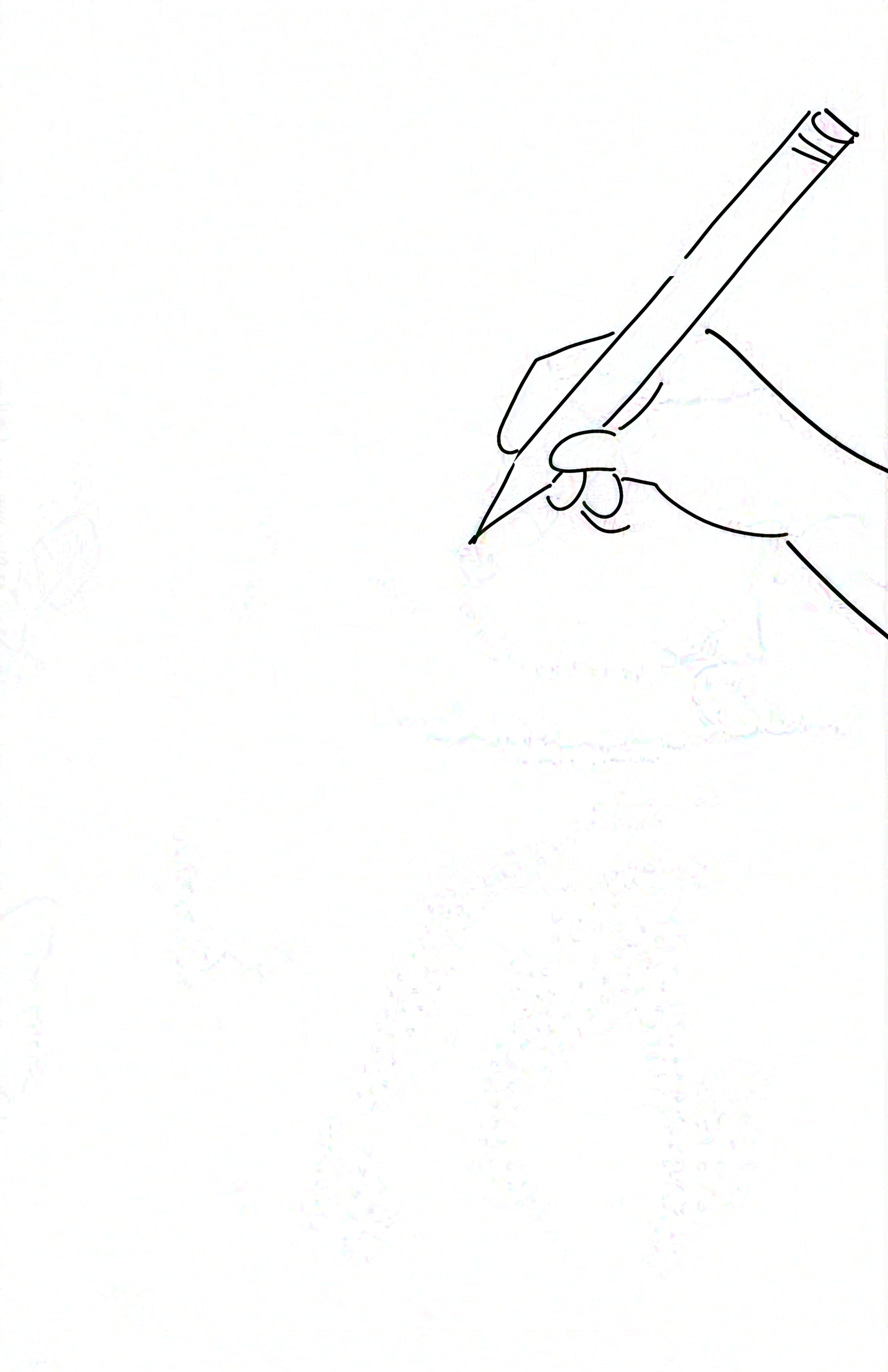 The person's hand hovering while holding a pencil in writing position over a blank background.