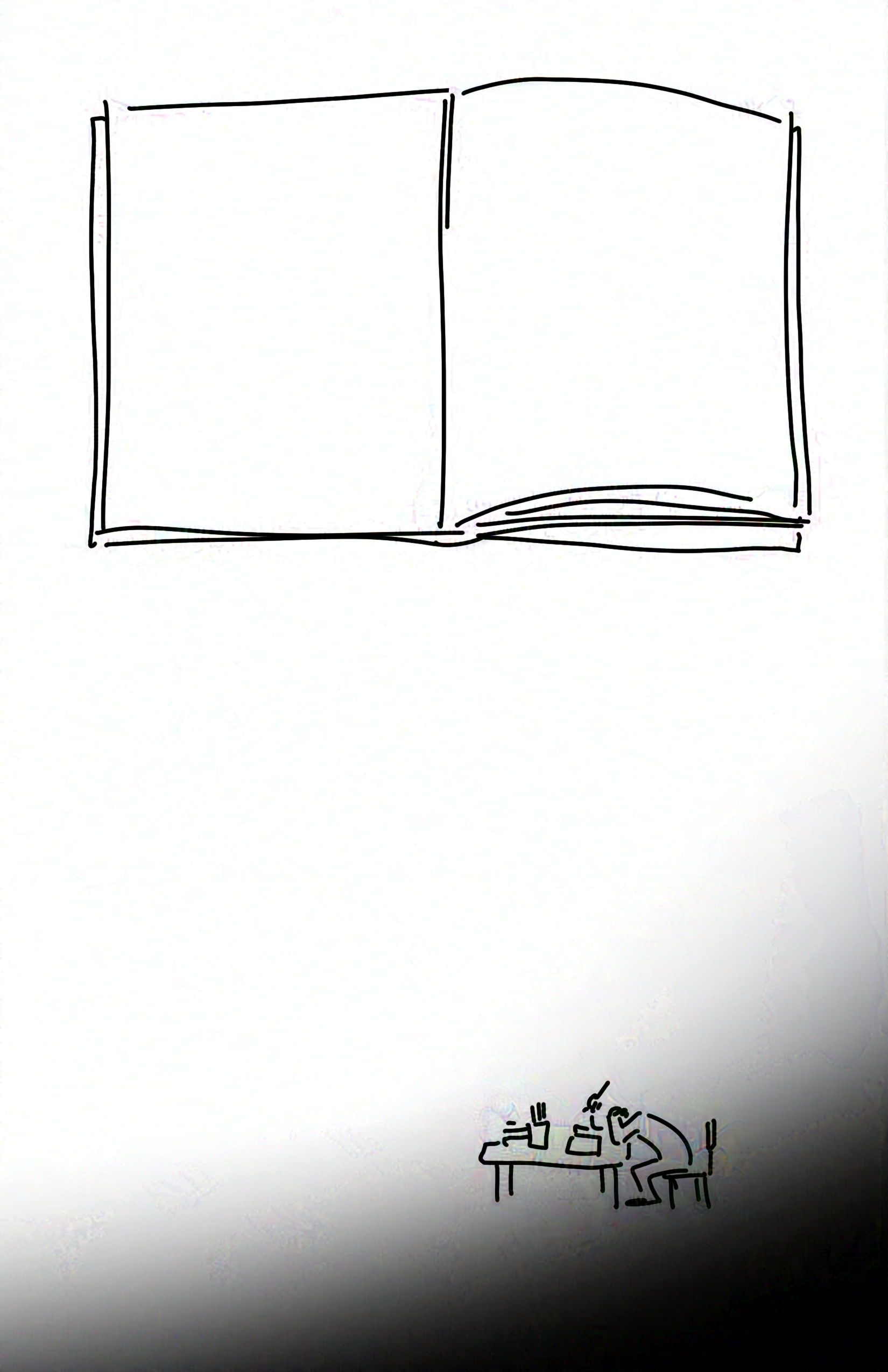 Panel 1: The blank book open on the first page. Panel 2: The page fades to black towards the bottom corner, the person slumped at their desk edging inside the darkness.