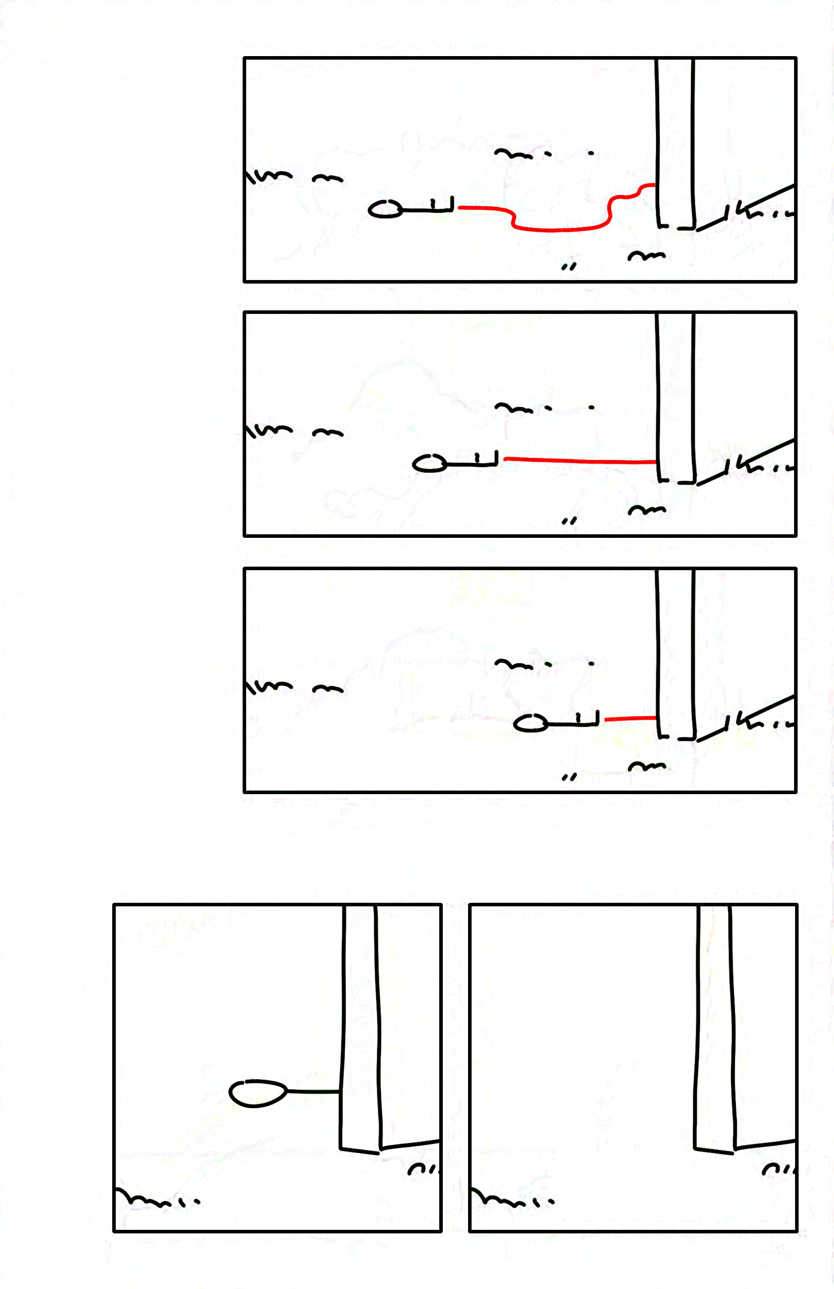 Panel 1: The key on a carpet surface. The red string disappears behind a straight edge. Panel 2: The string tightens into a straight line. Panel 3: The key is dragged towards the edge of architecture. Panel 4-5: The key disappears behind the edge.