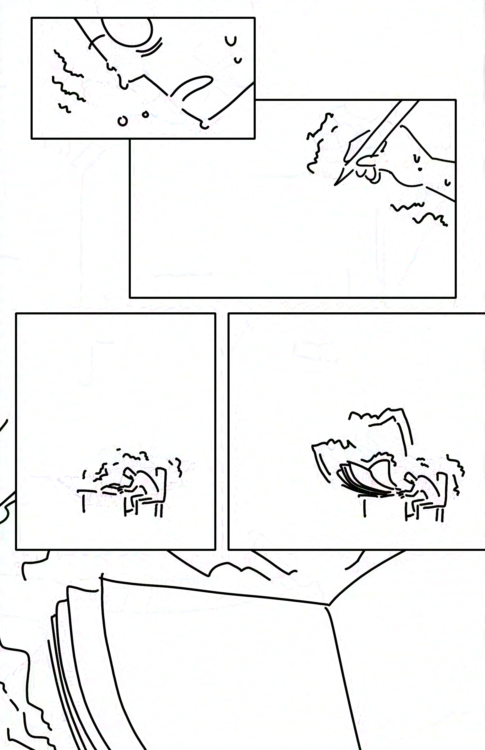 Panel 1: Close-up on the librarian's face as they sweat and shake. Their mouth is slightly open in a frown and there are eyebags under their glasses.
Panel 2: Their hand shakes and sweats as it hovers a pencil over the blank page.
Panel 3: Zoom out to show the librarian shaking at their desk.
Panel 4: The shaking lines expand and so does the empty-paged book.
Panel 5: Close-up of the top half of the blank book with large shaking lines.