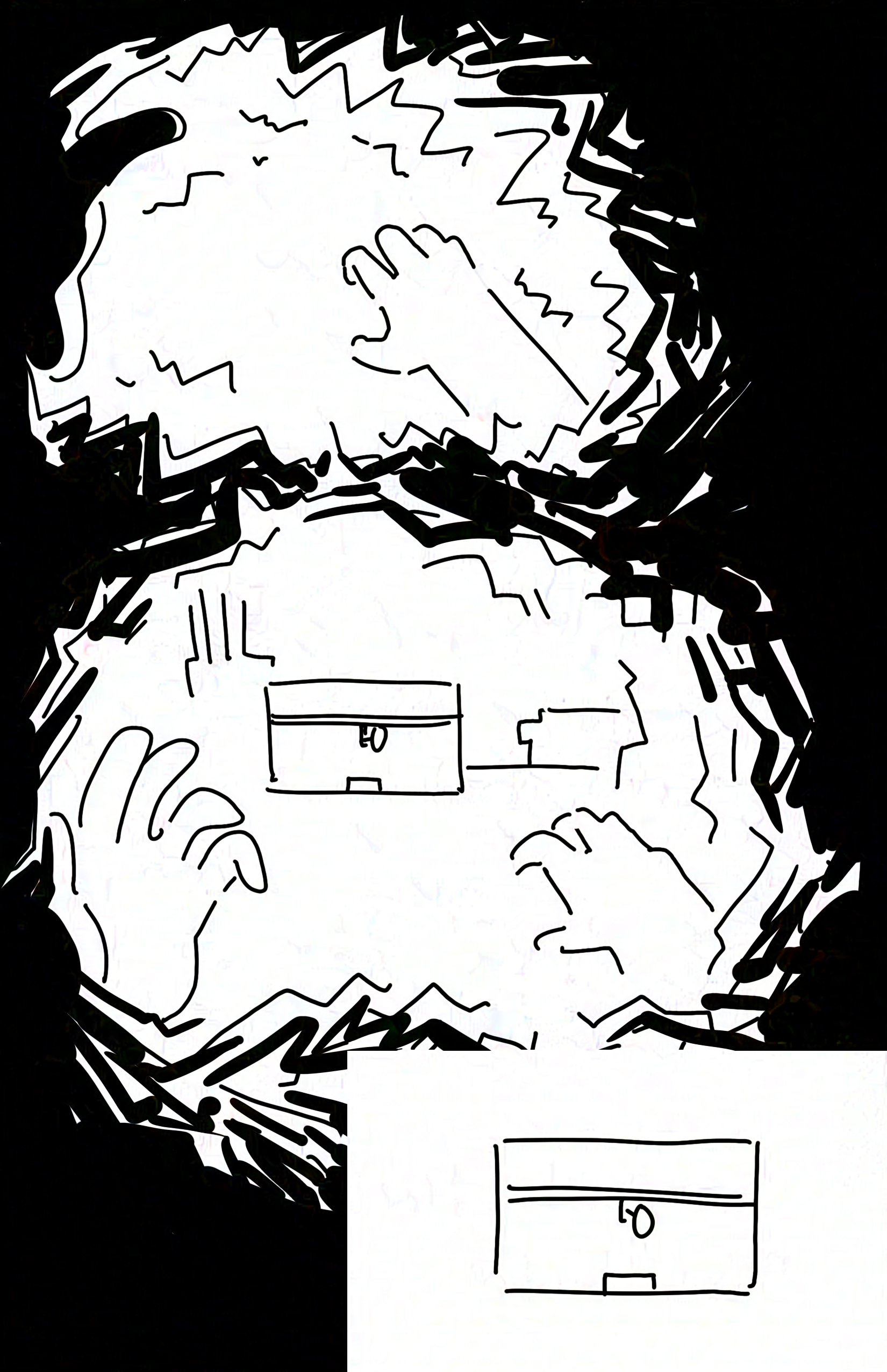 Panel 1: First person view from the librarian, the shaking lines blacking out at the edge of their vision. The edge of a hand can be seen close to their face with the other hand clenched on the table in front of them.
Panel 2: The librarian looking up slightly and seeing the box with the key in it in front of them on the desk.
Panel 3: The box standing alone in a white panel that cuts through the noise.