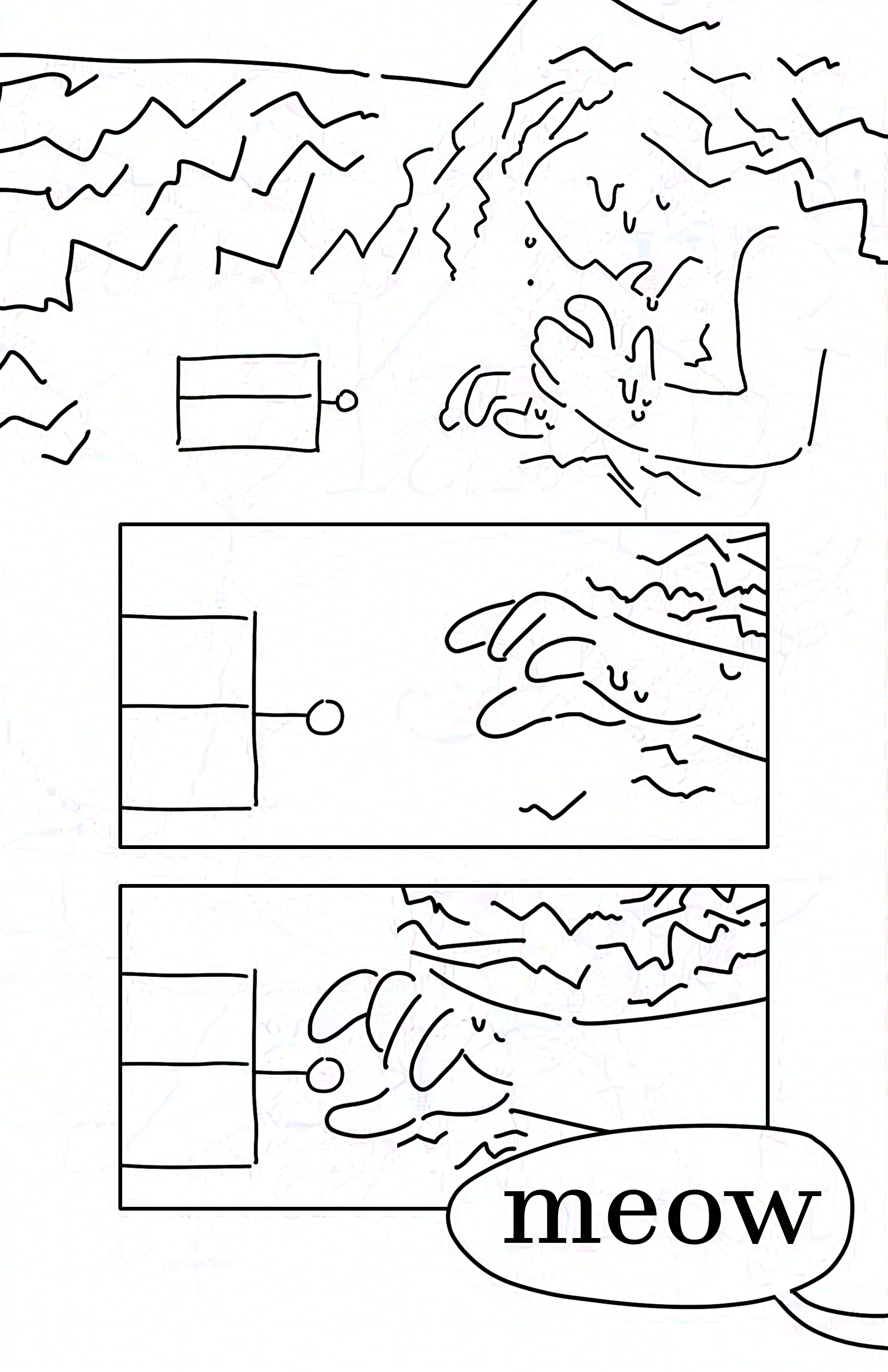 Panel 1: First person view from the librarian, the shaking lines blacking out at the edge of their vision. The edge of a hand can be seen close to their face with the other hand clenched on the table in front of them.
Panel 2: The librarian looking up slightly and seeing the box with the key in it in front of them on the desk.
Panel 3: The box standing alone in a white panel that cuts through the noise.