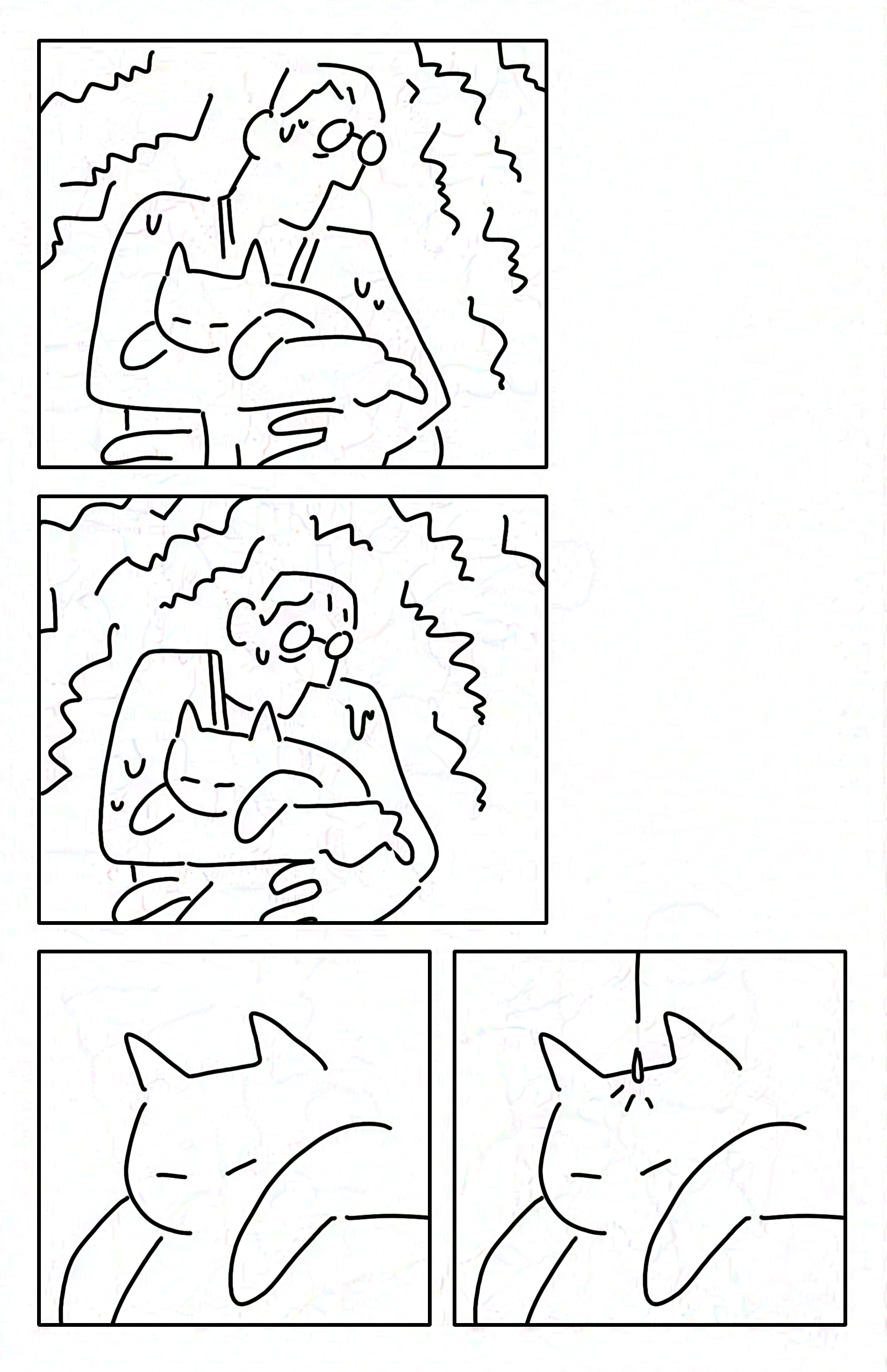 Panel 1: The librarian holding the cat. The cat's eyes are closed and it has relaxed body posture. The librarian continues to sweat and shake.
Panel 2: The librarian hugging the cat closer, hunching down.
Panel 3: Close-up of the cat's relaxed face.
Panel 4: A drop of water falls on the cat's head.