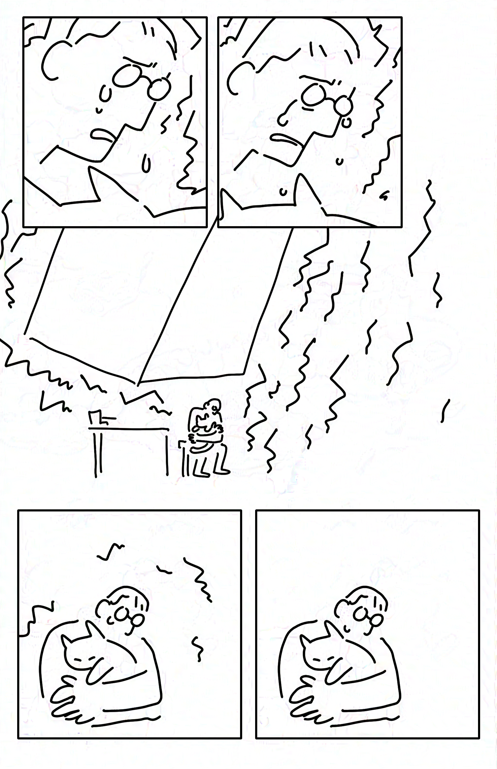 Panel 1-2: Tears fall from the librarian's face as they cry, still shaking.
Panel 3: View of the blank book still looming, the librarian hugging the cat as everything shakes.
Panel 4-5: The librarian hugging the cat as a last tear rolls down their cheek and the shaking lines around them stop.