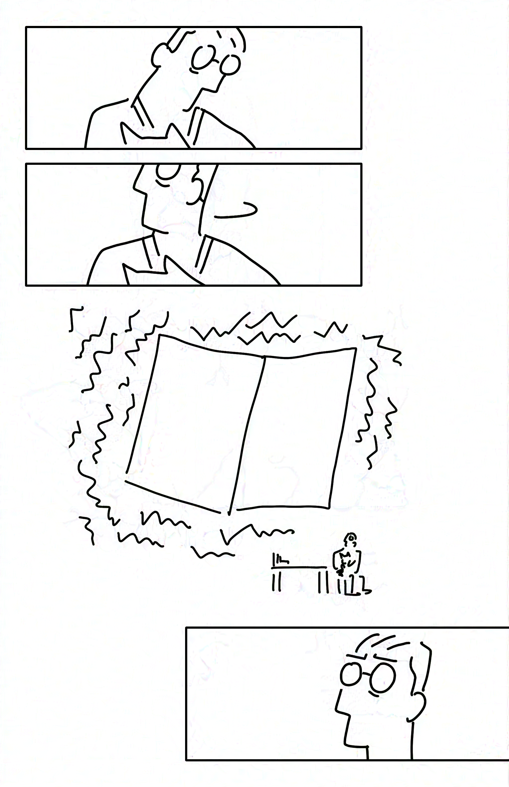 Panel 1: The librarian looking weary but still.
Panel 2: The librarian turns to look behind them.
Panel 3: The blank book still huge and looming, shaking.
Panel 4: The librarian's eyebrows contract in consternation as they look at the book.